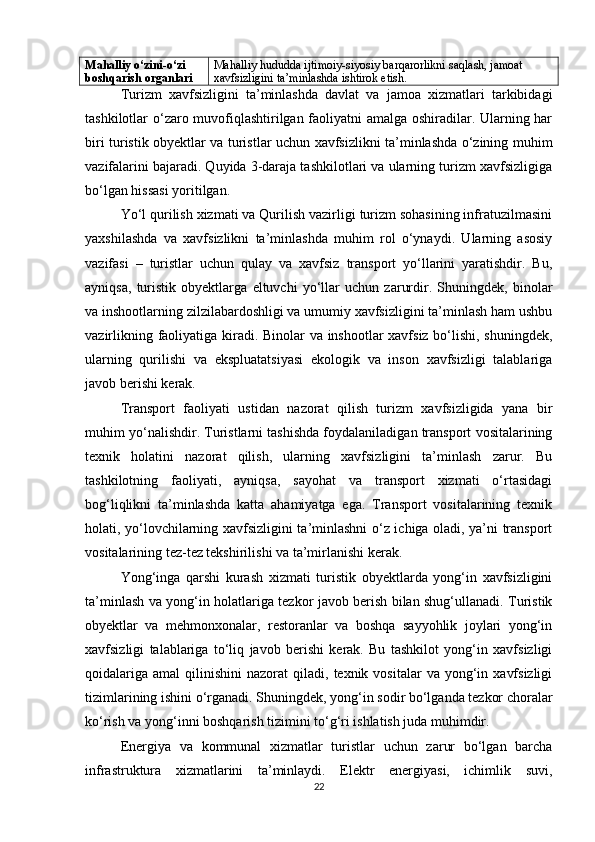 Mahalliy o‘zini-o‘zi 
boshqarish organlari Mahalliy hududda ijtimoiy-siyosiy barqarorlikni saqlash, jamoat 
xavfsizligini ta’minlashda ishtirok etish.
Turizm   xavfsizligini   ta’minlashda   davlat   va   jamoa   xizmatlari   tarkibidagi
tashkilotlar o‘zaro muvofiqlashtirilgan faoliyatni amalga oshiradilar. Ularning har
biri turistik obyektlar va turistlar uchun xavfsizlikni ta’minlashda o‘zining muhim
vazifalarini bajaradi. Quyida 3-daraja tashkilotlari va ularning turizm xavfsizligiga
bo‘lgan hissasi yoritilgan.
Yo‘l qurilish xizmati va Qurilish vazirligi turizm sohasining infratuzilmasini
yaxshilashda   va   xavfsizlikni   ta’minlashda   muhim   rol   o‘ynaydi.   Ularning   asosiy
vazifasi   –   turistlar   uchun   qulay   va   xavfsiz   transport   yo‘llarini   yaratishdir.   Bu,
ayniqsa,   turistik   obyektlarga   eltuvchi   yo‘llar   uchun   zarurdir.   Shuningdek,   binolar
va inshootlarning zilzilabardoshligi va umumiy xavfsizligini ta’minlash ham ushbu
vazirlikning faoliyatiga kiradi. Binolar va inshootlar xavfsiz bo‘lishi, shuningdek,
ularning   qurilishi   va   ekspluatatsiyasi   ekologik   va   inson   xavfsizligi   talablariga
javob berishi kerak.
Transport   faoliyati   ustidan   nazorat   qilish   turizm   xavfsizligida   yana   bir
muhim yo‘nalishdir. Turistlarni tashishda foydalaniladigan transport vositalarining
texnik   holatini   nazorat   qilish,   ularning   xavfsizligini   ta’minlash   zarur.   Bu
tashkilotning   faoliyati,   ayniqsa,   sayohat   va   transport   xizmati   o‘rtasidagi
bog‘liqlikni   ta’minlashda   katta   ahamiyatga   ega.   Transport   vositalarining   texnik
holati, yo‘lovchilarning xavfsizligini ta’minlashni o‘z ichiga oladi, ya’ni transport
vositalarining tez-tez tekshirilishi va ta’mirlanishi kerak.
Yong‘inga   qarshi   kurash   xizmati   turistik   obyektlarda   yong‘in   xavfsizligini
ta’minlash va yong‘in holatlariga tezkor javob berish bilan shug‘ullanadi. Turistik
obyektlar   va   mehmonxonalar,   restoranlar   va   boshqa   sayyohlik   joylari   yong‘in
xavfsizligi   talablariga   to‘liq   javob   berishi   kerak.   Bu   tashkilot   yong‘in   xavfsizligi
qoidalariga   amal   qilinishini   nazorat   qiladi,  texnik  vositalar   va  yong‘in  xavfsizligi
tizimlarining ishini o‘rganadi. Shuningdek, yong‘in sodir bo‘lganda tezkor choralar
ko‘rish va yong‘inni boshqarish tizimini to‘g‘ri ishlatish juda muhimdir.
Energiya   va   kommunal   xizmatlar   turistlar   uchun   zarur   bo‘lgan   barcha
infrastruktura   xizmatlarini   ta’minlaydi.   Elektr   energiyasi,   ichimlik   suvi,
22 