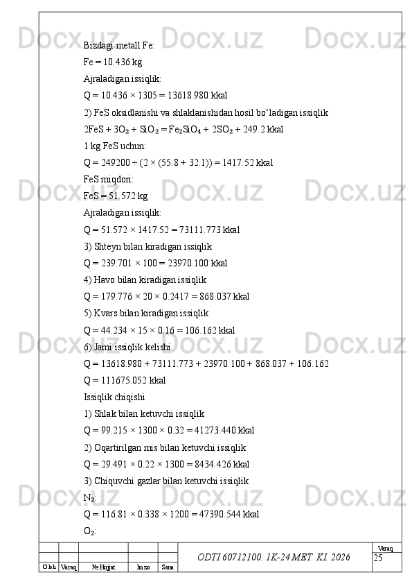 O’ lch
Va raq №  Hujjat Imzo Sana Va raq
ODTI 60712100. 1K-24 МЕТ.  KI . 2026Bizdagi metall Fe:
Fe = 10.436 kg
Ajraladigan issiqlik:
Q = 10.436 × 1305 = 13618.980 kkal
2) FeS oksidlanishi va shlaklanishidan hosil bo‘ladigan issiqlik
2FeS + 3O  + SiO  = Fe SiO  + 2SO  + 249.2 kkal₂ ₂ ₂ ₄ ₂
1 kg FeS uchun:
Q = 249200 ÷ (2 × (55.8 + 32.1)) = 1417.52 kkal
FeS miqdori:
FeS = 51.572 kg
Ajraladigan issiqlik:
Q = 51.572 × 1417.52 = 73111.773 kkal
3) Shteyn bilan kiradigan issiqlik
Q = 239.701 × 100 = 23970.100 kkal
4) Havo bilan kiradigan issiqlik
Q = 179.776 × 20 × 0.2417 = 868.037 kkal
5) Kvars bilan kiradigan issiqlik
Q = 44.234 × 15 × 0.16 = 106.162 kkal
6) Jami issiqlik kelishi
Q = 13618.980 + 73111.773 + 23970.100 + 868.037 + 106.162
Q = 111675.052 kkal
Issiqlik chiqishi
1) Shlak bilan ketuvchi issiqlik
Q = 99.215 × 1300 × 0.32 = 41273.440 kkal
2) Oqartirilgan mis bilan ketuvchi issiqlik
Q = 29.491 × 0.22 × 1300 = 8434.426 kkal
3) Chiquvchi gazlar bilan ketuvchi issiqlik
N :	
₂
Q = 116.81 × 0.338 × 1200 = 47390.544 kkal
O :
₂
25 