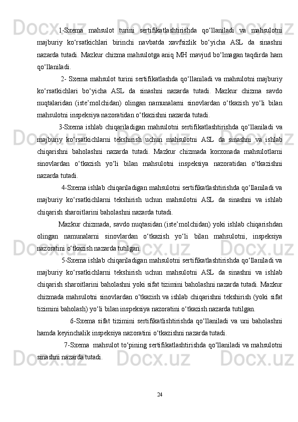 1- Sxema   mahsulot   turini   sertifikatlashtirishda   qo‘llaniladi   va   mahsulotni
majburiy   ko‘rsatkichlari   birinchi   navbatda   xavfsizlik   bo‘yicha   ASL   da   sinashni
nazarda tutadi. Mazkur chizma mahsulotga aniq MH mavjud bo‘lmagan taqdirda ham
qo‘llaniladi.
  2-   Sxema   mahsulot turini sertifikatlashda qo‘llaniladi va mahsulotni majburiy
ko‘rsatkichlari   bo‘yicha   ASL   da   sinashni   nazarda   tutadi.   Mazkur   chizma   savdo
nuqtalaridan   (iste’molchidan)   olingan   namunalarni   sinovlardan   o‘tkazish   yo‘li   bilan
mahsulotni inspeksiya nazoratidan o‘tkazishni nazarda tutadi.
3- Sxema   ishlab  chiqariladigan  mahsulotni   sertifikatlashtirishda   qo‘llaniladi  va
majburiy   ko‘rsatkichlarni   tekshirish   uchun   mahsulotni   ASL   da   sinashni   va   ishlab
chiqarishni   baholashni   nazarda   tutadi.   Mazkur   chizmada   korxonada   mahsulotlarni
sinovlardan   o‘tkazish   yo‘li   bilan   mahsulotni   inspeksiya   nazoratidan   o‘tkazishni
nazarda tutadi.
              4- Sxema  ishlab chiqariladigan mahsulotni sertifikatlashtirishda qo‘llaniladi va
majburiy   ko‘rsatkichlarni   tekshirish   uchun   mahsulotni   ASL   da   sinashni   va   ishlab
chiqarish sharoitlarini baholashni nazarda tutadi. 
Mazkur chizmada, savdo nuqtasidan (iste’molchidan) yoki ishlab chiqarishdan
olingan   namunalarni   sinovlardan   o‘tkazish   yo‘li   bilan   mahsulotni,   inspeksiya
nazoratini o‘tkazish nazarda tutilgan.
              5- Sxema  ishlab chiqariladigan mahsulotni sertifikatlashtirishda qo‘llaniladi va
majburiy   ko‘rsatkichlarni   tekshirish   uchun   mahsulotni   ASL   da   sinashni   va   ishlab
chiqarish sharoitlarini baholashni yoki sifat tizimini baholashni nazarda tutadi. Mazkur
chizmada mahsulotni sinovlardan o‘tkazish va ishlab chiqarishni tekshirish (yoki sifat
tizimini baholash) yo‘li bilan inspeksiya nazoratini o‘tkazish nazarda tutilgan.
                        6- Sxema   sifat   tizimini   sertifikatlishtirishda   qo‘llaniladi   va   uni   baholashni
hamda keyinchalik inspeksiya nazoratini o‘tkazishni nazarda tutadi.
                7- Sxema   mahsulot to‘pining sertifikatlashtirishda qo‘llaniladi va mahsulotni
sinashni nazarda tutadi.
24