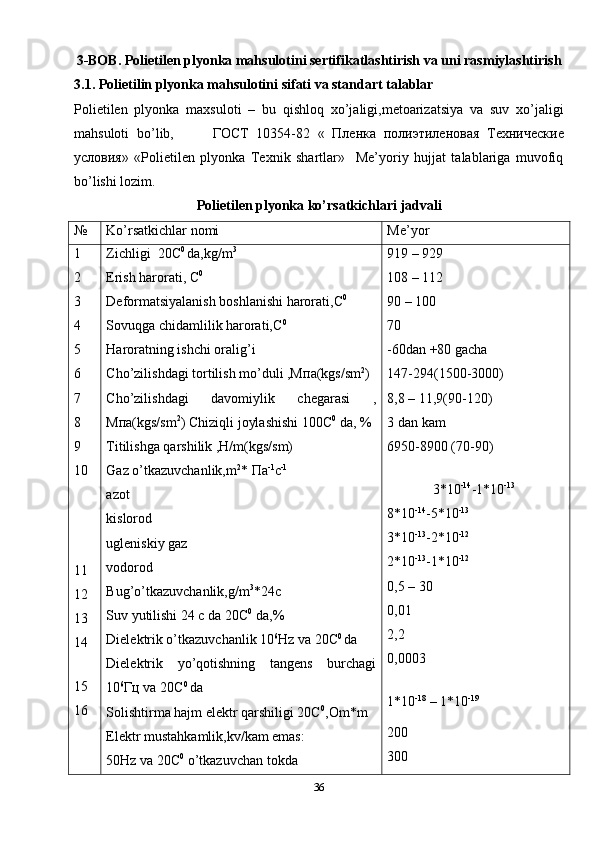3-BOB. Polietilen plyonka mahsulotini sertifikatlashtirish va uni rasmiylashtirish
3.1. Polietilin plyonka mahsulotini sifati va standart talablar
Polietilen   plyonka   maxsuloti   –   bu   qishloq   xo’jaligi,metoarizatsiya   va   suv   xo’jaligi
mahsuloti   bo’lib,           ГОСТ   10354-82   «   Пленка   полиэтиленовая   Технические
условия»   «Polietilen   plyonka   Texnik   shartlar»     Me’yoriy   hujjat   talablariga   muvofiq
bo’lishi lozim.
Polietilen plyonka ko’rsatkichlari jadvali
№ Ko’rsatkichlar nomi Me’yor
1
2
3
4
5
6
7
8
9
10
11
12
13
14
15
16 Zichligi  20C 0 
da,kg/m 3
Erish harorati, C 0
Deformatsiyalanish boshlanishi harorati,C 0
Sovuqga chidamlilik harorati,C 0
Haroratning ishchi oralig’i
Cho’zilishdagi tortilish mo’duli ,M п a(kgs/sm 2
)
Cho’zilishdagi   davomiylik   chegarasi   ,
Mпa(kgs/sm 2
) Chiziqli joylashishi 100C 0
 da, %
Titilishga qarshilik ,H/m(kgs/sm)
Gaz o’tkazuvchanlik,m 2
* Пa -1
c -1
azot
kislorod
ugleniskiy gaz
vodorod
Bug’o’tkazuvchanlik,g/m 3
*24c
Suv yutilishi 24 c da 20C 0
 da,%
Dielektrik o’tkazuvchanlik 10 6
Hz va 20C 0 
da
Dielektrik   yo’qotishning   tangens   burchagi
10 6
Гц va 20C 0 
da
Solishtirma hajm elektr qarshiligi 20C 0
,Om*m
Elektr mustahkamlik,kv/kam emas:
50Hz va 20C 0
 o’tkazuvchan tokda 919 – 929
108 – 112
90 – 100
70
-60dan +80 gacha
147-294(1500-3000)
8,8 – 11,9(90-120)
3 dan kam
6950-8900 (70-90)
             3*10 -14
-1*10 -13
8*10 -14
-5*10 -13
3*10 -13
-2*10 -12
2*10 -13
-1*10 -12
0,5 – 30
0,01
2,2
0,0003
1*10 -18
 – 1*10 -19
200
300
36