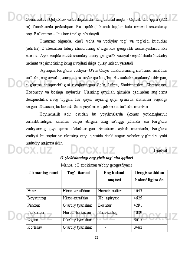 12Ovminzatov, Quljuktov va boshqalardir. Eng baland nuqta - Oqtosh cho’qqisi (922
m)   Tomditovda   joylashgan.   Bu   “qoldiq”   kichik   tog’lar   kata   mineral   resurslarga
boy.   Bo’kantov -   “bu   kon   tov”ga   o’xshaydi.
Umuman   olganda,   cho’l   voha   va   vodiylar   tog’   va   tog’oldi   hududlar
(adirlar)   O’zbekiston   tabiiy   sharoitining   o’ziga   xos   geografik   xususiyatlarini   aks
ettiradi.   Ayni vaqtda xuddi shunday tabiiy geografik vaziyat respublikada hududiy
mehnat   taqsimotining   keng   rivojlanishiga   qulay   imkon yaratadi.
Ayniqsa, Farg’ona vodiysi- O’rta Osiyo durdonasining ma’lumu mashhur
bo’lishi, eng avvalo, uning adiru-soylariga bog’liq. Bu xududni madaniylashtirgan,
sug’orma   dehqonchiligini   rivojlantirgan   So’x,   Isfara,   Shohimardon,   Chortoqsoy,
Kosonsoy   va   boshqa   soylardir.   Ularning   quyilish   qismida   qadimdan   sug’orma
dexqonchilik   rivoj   topgan;   har   qaysi   soyning   quyi   qismida   shaharlar   vujudga
kelgan.   Xususan,   bu   borada So’x yoyilmasi tipik misol   bo’lishi   mumkin.
Keyinchalik   adir   ostidan   bu   yoyilmalarda   (konus   yotkiziqlarini)
birlashtiradigan   kanallar   barpo   etilgan.   Eng   so’nggi   yillarda   esa   Farg’ona
vodiysining   quyi   qismi   o’zlashtirilgan.   Binobarin   aytish   mumkinki,   Farg’ona
vodiysi   bu   soylar   va   ularning   quyi   qismida   shakllangan   vohalar   yig’indisi   yoki
hududiy   majmuasidir.
1-jadval
O`zbekistondagi   eng   yirik   tog`   cho`qqilari
Manba:   (O`zbekiston   tabbiy   geografiyasi)
Tizmaning   nomi Tog`   tizmasi Eng baland
nuqtasi Dengiz sathidan
balandligi   m   da
Hisor Hisor-zarafshon Hazrati-sulton 4643
Boysuntog` Hisor-zarafsho Xo`japiryax 4625
Piskom G`arbiy   tyanshan Beshtor 4291
Turkiston Nurota-turkiston Shavkartog` 4029
Ugom G`arbiy   tyanshan - 3615
Ko`ksuv G`arbiy   tyanshan - 3462 