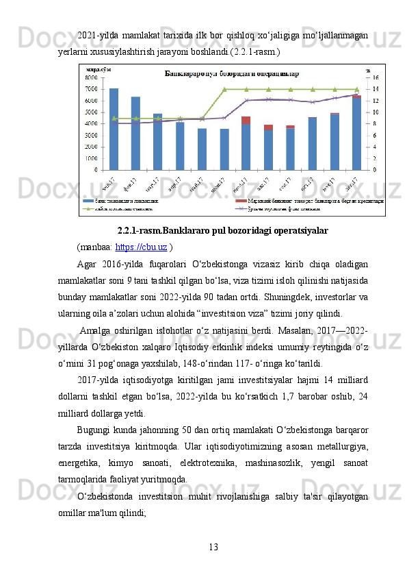 2021-yilda   mamlakat   tarixida   ilk   bor   qishloq   xo‘jaligiga   mo‘ljallanmagan
yerlarni xususiylashtirish jarayoni boshlandi.(2.2.1-rasm.)
2.2.1-rasm.Banklararo pul bozoridagi operatsiyalar
(manbaa:  https://cbu.uz  )
Agar   2016-yilda   fuqarolari   O‘zbekistonga   vizasiz   kirib   chiqa   oladigan
mamlakatlar soni 9 tani tashkil qilgan bo‘lsa, viza tizimi isloh qilinishi natijasida
bunday mamlakatlar soni 2022-yilda 90 tadan ortdi. Shuningdek, investorlar va
ularning oila a’zolari uchun alohida “investitsion viza” tizimi joriy qilindi.
  Amalga   oshirilgan   islohotlar   o‘z   natijasini   berdi.   Masalan,   2017—2022-
yillarda   O‘zbekiston   xalqaro   Iqtisodiy   erkinlik   indeksi   umumiy   reytingida   o‘z
o‘rnini 31 pog‘onaga yaxshilab, 148-o‘rindan 117- o‘ringa ko‘tarildi.
2017-yilda   iqtisodiyotga   kiritilgan   jami   investitsiyalar   hajmi   14   milliard
dollarni   tashkil   etgan   bo‘lsa,   2022-yilda   bu   ko‘rsatkich   1,7   barobar   oshib,   24
milliard dollarga yetdi.     
Bugungi  kunda jahonning 50 dan ortiq mamlakati O‘zbekistonga barqaror
tarzda   investitsiya   kiritmoqda.   Ular   iqtisodiyotimizning   asosan   metallurgiya,
energetika,   kimyo   sanoati,   elektrotexnika,   mashinasozlik,   yengil   sanoat
tarmoqlarida faoliyat yuritmoqda.
O‘zbekistonda   investitsion   muhit   rivojlanishiga   salbiy   ta'sir   qilayotgan
omillar ma'lum qilindi;
13 