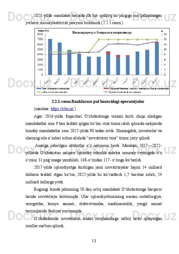 2021-yilda   mamlakat   tarixida   ilk   bor   qishloq   xo‘jaligiga   mo‘ljallanmagan
yerlarni xususiylashtirish jarayoni boshlandi.(2.2.1-rasm.)
2.2.1-rasm.Banklararo pul bozoridagi operatsiyalar
(manbaa:  https://cbu.uz  )
Agar   2016-yilda   fuqarolari   O‘zbekistonga   vizasiz   kirib   chiqa   oladigan
mamlakatlar soni 9 tani tashkil qilgan bo‘lsa, viza tizimi isloh qilinishi natijasida
bunday mamlakatlar soni 2022-yilda 90 tadan ortdi. Shuningdek, investorlar va
ularning oila a’zolari uchun alohida “investitsion viza” tizimi joriy qilindi.
  Amalga   oshirilgan   islohotlar   o‘z   natijasini   berdi.   Masalan,   2017—2022-
yillarda   O‘zbekiston   xalqaro   Iqtisodiy   erkinlik   indeksi   umumiy   reytingida   o‘z
o‘rnini 31 pog‘onaga yaxshilab, 148-o‘rindan 117- o‘ringa ko‘tarildi.
2017-yilda   iqtisodiyotga   kiritilgan   jami   investitsiyalar   hajmi   14   milliard
dollarni   tashkil   etgan   bo‘lsa,   2022-yilda   bu   ko‘rsatkich   1,7   barobar   oshib,   24
milliard dollarga yetdi.     
Bugungi  kunda jahonning 50 dan ortiq mamlakati O‘zbekistonga barqaror
tarzda   investitsiya   kiritmoqda.   Ular   iqtisodiyotimizning   asosan   metallurgiya,
energetika,   kimyo   sanoati,   elektrotexnika,   mashinasozlik,   yengil   sanoat
tarmoqlarida faoliyat yuritmoqda.
O‘zbekistonda   investitsion   muhit   rivojlanishiga   salbiy   ta'sir   qilayotgan
omillar ma'lum qilindi;
13