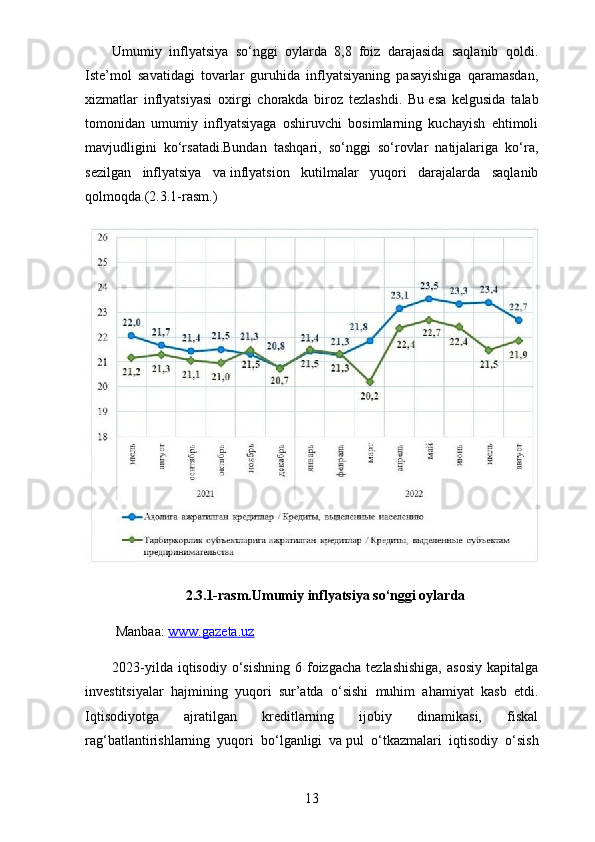 Umumiy   inflyatsiya   so‘nggi   oylarda   8,8   foiz   darajasida   saqlanib   qoldi.
Iste’mol   savatidagi   tovarlar   guruhida   inflyatsiyaning   pasayishiga   qaramasdan,
xizmatlar   inflyatsiyasi   oxirgi   chorakda   biroz   tezlashdi.   Bu   esa   kelgusida   talab
tomonidan   umumiy   inflyatsiyaga   oshiruvchi   bosimlarning   kuchayish   ehtimoli
mavjudligini   ko‘rsatadi.Bundan   tashqari,   so‘nggi   so‘rovlar   natijalariga   ko‘ra,
sezilgan   inflyatsiya   va   inflyatsion   kutilmalar   yuqori   darajalarda   saqlanib
qolmoqda.(2.3.1-rasm.)
2.3.1-rasm. Umumiy inflyatsiya so‘nggi oylarda
 Manbaa:  www.gazeta.uz  
2023-yilda  iqtisodiy   o‘sishning   6  foizgacha  tezlashishiga,  asosiy   kapitalga
investitsiyalar   hajmining   yuqori   sur’atda   o‘sishi   muhim   ahamiyat   kasb   etdi.
Iqtisodiyotga   ajratilgan   kreditlarning   ijobiy   dinamikasi,   fiskal
rag‘batlantirishlarning   yuqori   bo‘lganligi   va   pul   o‘tkazmalari   iqtisodiy   o‘sish
13