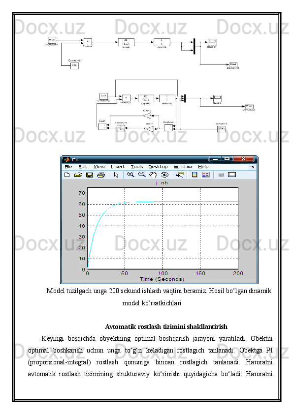 Model tuzilgach unga  2 00 sekund ishlash vaqtini beramiz.   Hosil bо‘lgan dinamik
model kо‘rsatkichlari
Avtomatik rostlash tizimini shakllantirish
Keyingi   bosqichda   o b y ektning   optimal   boshqarish   jarayoni   yaratiladi.   Obektni
optimal   boshkarish   uchun   unga   tо‘g‘ri   keladigan   rostlagich   tanlanadi.   Obektga   PI
(proporsional-integral)   rostlash   qonuniga   binoan   rostlagich   tanlanadi.   Haroratni
avtomatik   rostlash   tizimining   strukturaviy   kо‘rinishi   quyidagicha   bо‘ladi:   Haroratni 