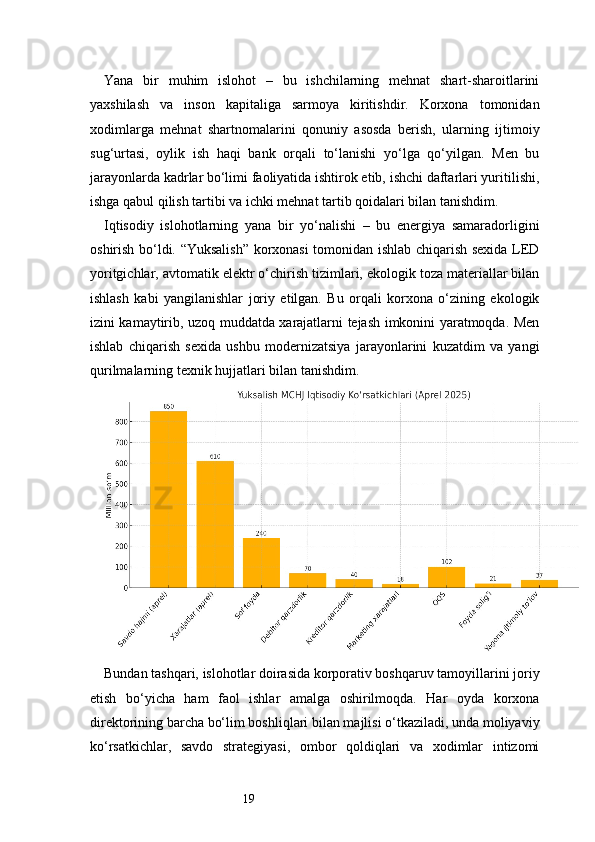 19Yana   bir   muhim   islohot   –   bu   ishchilarning   mehnat   shart-sharoitlarini
yaxshilash   va   inson   kapitaliga   sarmoya   kiritishdir.   Korxona   tomonidan
xodimlarga   mehnat   shartnomalarini   qonuniy   asosda   berish,   ularning   ijtimoiy
sug‘urtasi,   oylik   ish   haqi   bank   orqali   to‘lanishi   yo‘lga   qo‘yilgan.   Men   bu
jarayonlarda kadrlar bo‘limi faoliyatida ishtirok etib, ishchi daftarlari yuritilishi,
ishga qabul qilish tartibi va ichki mehnat tartib qoidalari bilan tanishdim.
Iqtisodiy   islohotlarning   yana   bir   yo‘nalishi   –   bu   energiya   samaradorligini
oshirish bo‘ldi. “Yuksalish” korxonasi tomonidan ishlab chiqarish sexida LED
yoritgichlar, avtomatik elektr o‘chirish tizimlari, ekologik toza materiallar bilan
ishlash   kabi   yangilanishlar   joriy   etilgan.   Bu   orqali   korxona   o‘zining   ekologik
izini kamaytirib, uzoq muddatda xarajatlarni tejash imkonini yaratmoqda. Men
ishlab   chiqarish   sexida   ushbu   modernizatsiya   jarayonlarini   kuzatdim   va   yangi
qurilmalarning texnik hujjatlari bilan tanishdim.
Bundan tashqari, islohotlar doirasida korporativ boshqaruv tamoyillarini joriy
etish   bo‘yicha   ham   faol   ishlar   amalga   oshirilmoqda.   Har   oyda   korxona
direktorining barcha bo‘lim boshliqlari bilan majlisi o‘tkaziladi, unda moliyaviy
ko‘rsatkichlar,   savdo   strategiyasi,   ombor   qoldiqlari   va   xodimlar   intizomi 