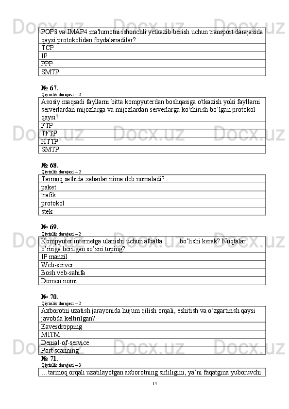 POP3 va IMAP4 ma'lumotni ishonchli yetkazib berish uchun transport darajasida
qaysi protokolidan foydalanadilar?
TCP
IP
PPP
SMTP
№ 67.
Qiyinlik darajasi – 2
Asosiy maqsadi fayllarni bitta kompyuterdan boshqasiga o'tkazish yoki fayllarni 
serverlardan mijozlarga va mijozlardan serverlarga ko'chirish bo’lgan protokol 
qaysi?
FTP
TFTP
HTTP
SMTP
№ 68.
Qiyinlik darajasi – 2
Tarmoq sathida xabarlar nima deb nomaladi?
paket
trafik
protokol
stek
№ 69.
Qiyinlik darajasi – 2
Kompyuter internetga ulanishi uchun albatta …… bo’lishi kerak? Nuqtalar 
o’rniga berilgan so’zni toping?
IP manzil
Web-server
Bosh veb-sahifa
Domen nomi
№ 70.
Qiyinlik darajasi – 2
Axborotni uzatish jarayonida hujum qilish orqali, eshitish va o‘zgartirish qaysi 
javobda keltirilgan?
Eavesdropping
MITM
Denial-of-service
Port scanning
№ 71.
Qiyinlik darajasi – 3
…tarmoq orqali uzatilayotgan axborotning sirliligini, ya’ni faqatgina yuboruvchi
14 