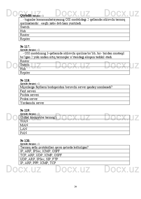 Qiyinlik  darajasi – 1
...- tugunlar kommunikatsiyaning OSI modelidagi 2 qatlamda ishlovchi tarmoq 
qurilmalaridir.  «aqlli xab» deb ham yuritiladi.
Switch
Hub
Router
Repiter
№ 117.
Qiyinlik darajasi – 1
...-  OSI   modelining  3- qatlamida   ishlovchi   qurilma   bo ʼ lib ,  bir -  biridan   mustaqil  
bo ʼ lgan  2  yoki   undan   ortiq   tarmoqlar   o ʼ rtasidagi   aloqani   tashkil   etadi .
Router
Switch
Hub
Repiter
№ 118.
Qiyinlik darajasi – 1
Mijozlarga fayllarni boshqarishni beruvchi server qanday nomlanadi?
Fayl serveri
Pochta serveri
Proksi server
Yordamchi server
№ 119.
Qiyinlik darajasi – 1
Global kompyuter tarmog’i:
WAN
MAN
LAN
PAN
№ 120.
Qiyinlik darajasi – 1
Tarmoq sathi protokollari qaysi qatorda keltirilgan?
IP, ARP, IPSec, ICMP, OSPF
TCP, ARP, UDP, ICMP, OSPF
UDP, ARP, IPSec, SIP, FTP
IP, ARP, PPP, ICMP, TCP
24 