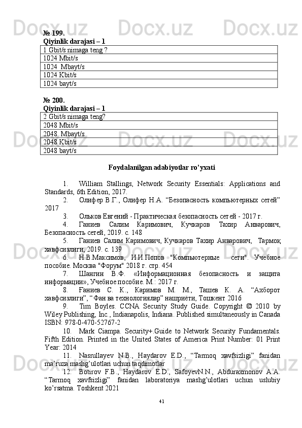 № 199.
Qiyinlik darajasi – 1
1 Gbit/s nimaga teng  ?
1024 Mbit/s
1024  Mbayt/s
1024 Kbit/s
1024 bayt/s
№ 200.
Qiyinlik darajasi – 1
2 Gbit/s nimaga teng ?
2048 Mbit/s
2048  Mbayt/s
2048 Kbit/s
2048 bayt/s
Foydalanilgan adabiyotlar ro’yxati
1. William   Stallings,   Network   Security   Essentials:   Applications   and
Standards, 6th Edition, 2017.
2. Олифер   В.Г.,   Олифер   Н.А.   “Безопасность   компьютерных   сетей”
2017
3. Ольков Евгений - Практическая безопасность сетей - 2017 г.
4. Ганиев   Салим   Каримович,   Кучкаров   Тахир   Анварович,
Безопасность сетей, 2019. с. 148
5. Ганиев   Салим   Каримович,   Кучкаров   Тахир   Анварович,     Тармоқ
хавфсизлиги, 2019. с. 139
6. Н.В.Максимов,   И.И.Попов   "Компьютерные     сети".   Учебное
пособие. Москва "Форум" 2018 г. стр. 454
7. Шангин   В.Ф.   «Информационная   безопасность   и   защита
информации», Учебное пособие. М.: 2017 г.
8. Ғаниев   С.   К.,   Каримов   М.   М.,   Ташев   К.   А.   “Ахборот
хавфсизлиги”, “Фан ва технологиялар” нашриёти, Тошкент 2016
9. Tim   Boyles .   CCNA   Security   Study   Guide .   Copyright   ©   2010   by
Wiley Publishing, Inc., Indianapolis, Indiana. Published simultaneously in Canada
ISBN: 978-0-470-52767-2
10. Mark   Ciampa .   Security+ . Guide   to   Network   Security   Fundamentals .
Fifth   Edition .   Printed   in   the   United   States   of   America   Print   Number:   01   Print
Year: 2014
11. Nasrullayev   N.B.,   Haydarov   E.D.,   “Tarmoq   xavfsizligi”   fanidan
ma’ruza mashg’ulotlari uchun taqdimotlar
12. Botirov   F.B.,   Haydarov   E.D.,   SafoyevN.N.,   Abduraxmonov   A.A.
“Tarmoq   xavfsizligi”   fanidan   laboratoriya   mashg’ulotlari   uchun   uslubiy
ko’rsatma.  Toshkent 2021
41 