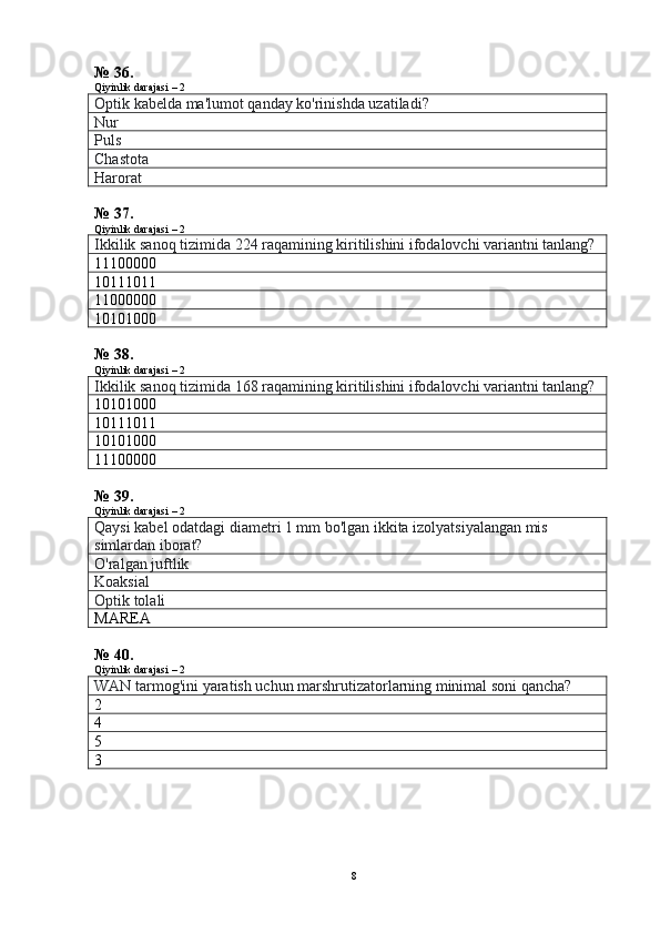 № 36.
Qiyinlik darajasi – 2
Optik kabelda ma'lumot qanday ko'rinishda uzatiladi?
Nur
Puls
Chastota
Harorat
№ 37.
Qiyinlik darajasi – 2
Ikkilik sanoq tizimida 224 raqamining kiritilishini ifodalovchi variantni tanlang?
11100000
10111011
11000000
10101000
№ 38.
Qiyinlik darajasi – 2
Ikkilik sanoq tizimida 168 raqamining kiritilishini ifodalovchi variantni tanlang?
10101000
10111011
10101000
11100000
№ 39.
Qiyinlik darajasi – 2
Qaysi kabel odatdagi diametri 1 mm bo'lgan ikkita izolyatsiyalangan mis 
simlardan iborat?
O'ralgan juftlik
Koaksial
Optik tolali
MAREA
№ 40.
Qiyinlik darajasi – 2
WAN tarmog'ini yaratish uchun marshrutizatorlarning minimal soni qancha?
2
4
5
3
8 