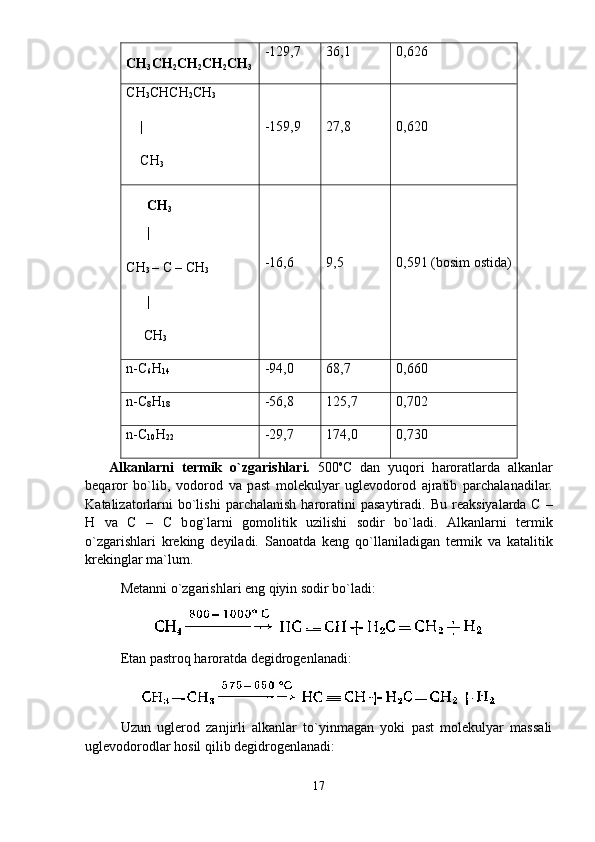 CH
3 CH
2 CH
2 CH
2 CH
3 -129,7 36,1 0,626 
CH
3 CHCH
2 CH
3
    |
    CH
3   -159,9 27,8 0,620 
      CH
3
      |
CH
3  – C – CH
3 
      |
     CH
3 -16,6 9,5 0,591 (b о sim  о stid а )
n-C
6 H
14 -94,0 68,7 0,660 
n-C
8 H
18 -56,8 125,7 0,702 
n-C
10 H
22 -29,7 174,0 0,730 
      А lk а nl а rni   t е rmik   o`zg а rishl а ri.   500 о
C   d а n   yuq о ri   h а r о r а tl а rd а   а lk а nl а r
b е q а r о r   bo`lib,   v о d о r о d   v а   p а st   m о l е kulyar   ugl е v о d о r о d   а jr а tib   p а rch а l а n а dil а r.
K а t а liz а t о rl а rni   bo`lishi  p а rch а l а nish  h а r о r а tini  p а s а ytir а di. Bu  r еа ksiyal а rd а   C  –
H   v а   C   –   C   b о g`l а rni   g о m о litik   uzilishi   s о dir   bo`l а di.   А lk а nl а rni   t е rmik
o`zg а rishl а ri   kr е king   d е yil а di.   S а n оа td а   k е ng   qo`ll а nil а dig а n   t е rmik   v а   k а t а litik
kr е kingl а r m а `lum. 
M е t а nni o`zg а rishl а ri eng qiyin s о dir bo`l а di:
Etаn pаstrоq hаrоrаtdа dеgidrоgеnlаnаdi: 
Uzun   uglеrоd   zаnjirli   аlkаnlаr   to`yinmаgаn   yoki   pаst   mоlеkulyar   mаssаli
uglеvоdоrоdlаr hоsil qilib dеgidrоgеnlаnаdi:
17 
