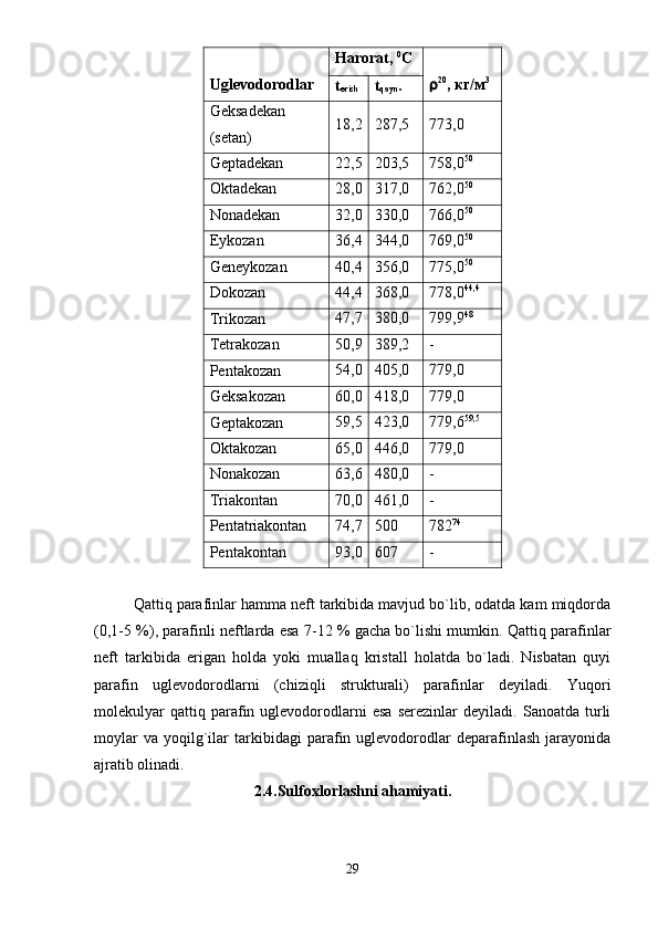 Uglevodorodlar Harorat,  0
C
 20
, кг/м 3
t
erish t
qayn .
Geksadekan
(setan) 18 ,2 287,5 773,0
Geptadekan 22,5 203,5 758,0 50
Oktadekan 28,0 317,0 762,0 50
Nonadekan 32,0 330,0 766,0 50
Eykozan 36,4 344,0 769,0 50
Geneykozan 40,4 356,0 775,0 50
Dokozan 44,4 368,0 778,0 44,4
Trikozan 47,7 380,0 799,9 48
Tetrakozan 50,9 389,2 -
Pentakozan 54,0 405,0 779,0
Geksakozan 60,0 418,0 779,0
Geptakozan 59,5 423,0 779,6 59,5
Oktakozan 65,0 446,0 779,0
Nonakozan 63,6 480,0 -
Triakontan 70,0 461,0 -
Pentatriakontan 74,7 500 782 74
Pentakontan 93,0 607 -
Qattiq parafinlar hamma neft tarkibida mavjud bo`lib, odatda kam miqdorda
(0,1-5 %), parafinli neftlarda esa 7-12 % gacha bo`lishi mumkin. Qattiq parafinlar
neft   tarkibida   erigan   holda   yoki   muallaq   kristall   holatda   bo`ladi.   Nisbatan   quyi
parafin   uglevodorodlarni   (chiziqli   strukturali)   parafinlar   deyiladi.   Yuqori
molekulyar   qattiq  parafin  uglevodorodlarni   esa   serezinlar   deyiladi.   Sanoatda  turli
moylar   va   yoqilg`ilar   tarkibidagi   parafin  uglevodorodlar   deparafinlash   jarayonida
ajratib olinadi.
2.4.Sulfoxlorlashni ahamiyati.
29 