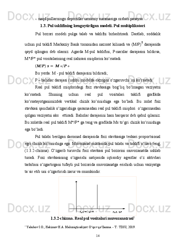 14- naqd   pullarningn   depozitlar   umumiy   summasiga   nisbati   pasaysa.
1.3.   Pul   taklifining   kengaytirilgan   modeli.   Pul   multiplikatori
Pul   bozori   modeli   pulga   talab   va   taklifni   birlashtiradi.   Dastlab,   soddalik
uchun   pul taklifi Markaziy Bank tomonidan nazorat kilinadi va   (M/P) s  
darajasida
qayd   qilingan   deb   olamiz.   Agarda   M-pul   taklifini,   P-narxlar   darajasini   bildirsa,
M*/P*   pul vositalarining   real   zahirasi   miqdorini   ko‘rsatadi.
(??????/??????)   ??????   =   ?????? ∗/??????   ∗
Bu   yerda:   M   -   pul   taklifi   darajasini   bildiradi;
P   –   baholar   darajasi   (ushbu   modelda ekzogen   o‘zgaruvchi   )ni   ko‘rsatadi.
Real   pul   taklifi   miqdoridagi   foiz   stavkasiga   bog‘liq   bo‘lmagan   vaziyatni
ko‘rsatadi.   Shuning   uchun   real   pul   vositalari   taklifi   grafikda
ko‘rsatayotganimizdek   vertikal   chizik   ko‘rinishiga   ega   bo‘ladi.   Bu   xolat   foiz
stavkasi   qanchalik   o‘zgarishiga   qaramasdan real pul taklifi   miqdori   o‘zgarmasdan
qolgan vaziyatni   aks   ettiradi. Baholar darajasini ham barqaror deb qabul qilamiz.
Bu xolatda real   pul   taklifi   M*/P*   ga teng   va   grafikda Ms   to‘gri   chizik   ko‘rinishiga
ega bo‘ladi.
Pul talabi berilgan daromad darajasida foiz stavkasiga  teskari  proportsional
egri chizik ko‘rinishiga ega.   Muvozanat nuktasida pul talabi va taklifi o‘zaro teng,
(1.3.2-chizma).   O‘zgarib   turuvchi   foiz   stavkasi   pul   bozorini   muvozanatda   ushlab
turadi.   Foiz   stavkasining   o‘zgarishi   natijasida   iqtisodiy   agentlar   o‘z   aktivlari
tarkibini  o‘zgartirgani  tufayli pul bozorida muvozanatga erishish uchun vaziyatga
ta`sir   etib   uni   o‘zgartirish   zarur   va   mumkindir.
1.3.2-chizma.   Real   pul   vositalari   muvozanatrasi 2
2
 Yakubov I.O., Hakimov H.A. Makroiqtisodiyot. O‘quv qo‘llanma. - T.:   TDIU,   2019. 