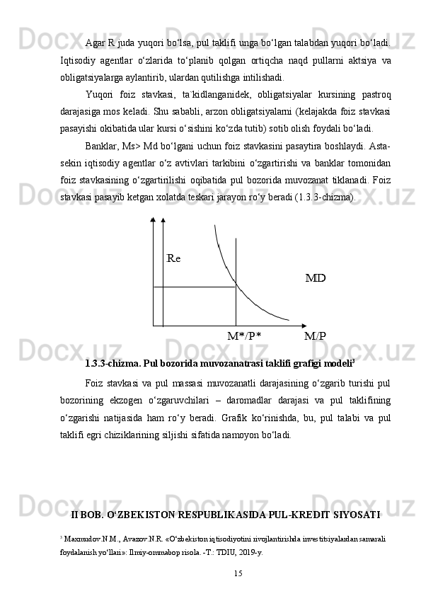 15Agar R juda yuqori bo‘lsa, pul taklifi unga bo‘lgan talabdan yuqori bo‘ladi.
Iqtisodiy   agentlar   o‘zlarida   to‘planib   qolgan   ortiqcha   naqd   pullarni   aktsiya   va
obligatsiyalarga   aylantirib,   ulardan   qutilishga   intilishadi.
Yuqori   foiz   stavkasi,   ta`kidlanganidek,   obligatsiyalar   kursining   pastroq
darajasiga mos keladi. Shu sababli, arzon obligatsiyalarni (kelajakda foiz stavkasi
pasayishi   okibatida ular   kursi o‘sishini   ko‘zda tutib)   sotib   olish   foydali   bo‘ladi.
Banklar, Ms> Md bo‘lgani uchun foiz stavkasini pasaytira boshlaydi. Asta-
sekin   iqtisodiy   agentlar   o‘z   avtivlari   tarkibini   o‘zgartirishi   va   banklar   tomonidan
foiz   stavkasining   o‘zgartirilishi   oqibatida   pul   bozorida   muvozanat   tiklanadi.   Foiz
stavkasi   pasayib ketgan   xolatda   teskari   jarayon   ro‘y   beradi (1.3.3-chizma).
1.3.3-chizma.   Pul   bozorida   muvozanatrasi   taklifi   grafigi   modeli 3
Foiz   stavkasi   va   pul   massasi   muvozanatli   darajasining   o‘zgarib   turishi   pul
bozorining   ekzogen   o‘zgaruvchilari   –   daromadlar   darajasi   va   pul   taklifining
o‘zgarishi   natijasida   ham   ro‘y   beradi.   Grafik   ko‘rinishda,   bu,   pul   talabi   va   pul
taklifi egri chiziklarining siljishi   sifatida   namoyon   bo‘ladi.
II BOB. O‘ZBEKISTON RESPUBLIKASIDA PUL-KREDIT SIYOSATI
3
 Maxmudov . N.M.,   Avazov . N.R.   «O‘zbekiston   iqtisodiyotini   rivojlantirishda investitsiyalardan samarali 
foydalanish yo‘llari»: Ilmiy-ommabop   risola.   -T.:   TDIU,   2019-y. 