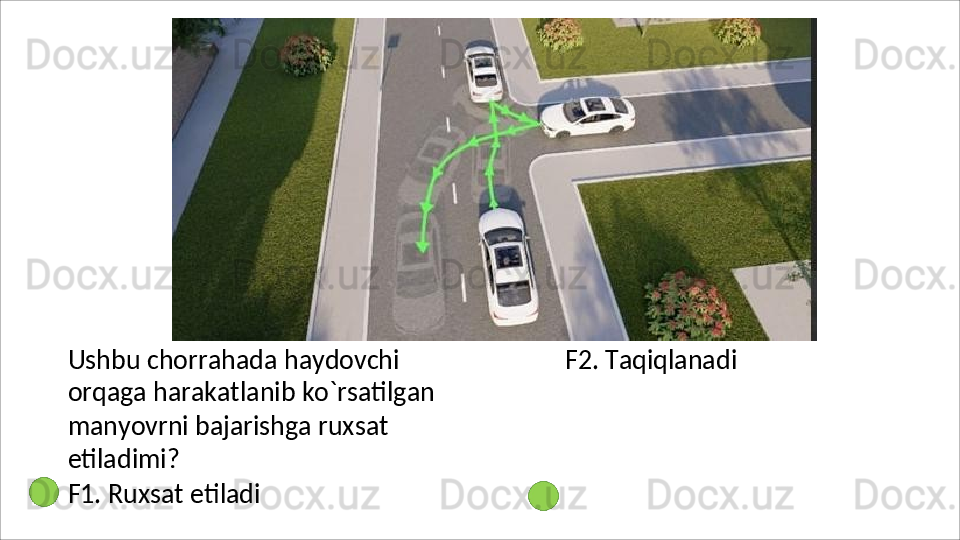 Ushbu   chorrahada   haydovchi  
orqaga harakatlanib ko`rsatilgan 
manyovrni bajarishga ruxsat 
etiladimi?
F1.   Ruxsat   etiladi  F2. Taqiqlanadi 