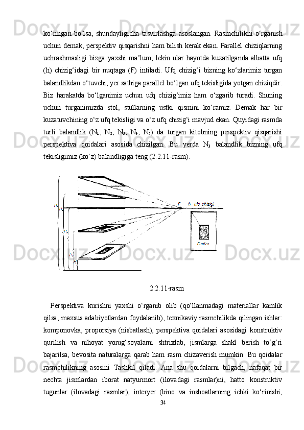 ko‘ringan   bo‘lsa,   shundayligicha   tasvirlashga   asoslangan.   Rasmchilikni   o‘rga nish
uchun demak, perspektiv qisqarishni ham bilish kerak ekan. Parallel chiziqlarning
uchrashmasligi   bizga   yaxshi   ma’lum,   lekin   ular   hayotda   kuzatilganda   albatta   ufq
(h)   chizig‘idagi   bir   nuqtaga   (F)   intiladi.   Ufq   chizig‘i   bizning   ko‘zlarimiz   turgan
balandlikdan o‘tuvchi, yer sathiga parallel bo‘lgan ufq tekisligida yotgan chiziqdir.
Biz   harakatda   bo‘lgani miz   uchun   ufq   chizig‘imiz   ham   o‘zgarib   turadi.   Shuning
uchun   turganimizda   stol,   stullarning   ustki   qismini   ko‘ramiz.   Demak   har   bir
kuzatuvchining o‘z ufq tekisligi va o‘z ufq chizig‘i mavjud ekan. Quyidagi rasmda
turli   balandlik   (N
1 ,   N
2 ,   N
3 ,   N
4 ,   N
5 )   da   turgan   kitobning   perspektiv   qisqarishi
perspektiva   qoidalari   asosida   chizilgan.   Bu   yerda   N
3   balandlik   bizning   ufq
tekisligimiz (ko‘z) balandligiga teng (2.2.11-rasm).
2.2.11-rasm
Perspektiva   kurishni   yaxshi   o‘rganib   olib   (qo‘llanmadagi   materiallar   kamlik
qilsa, maxsus adabiyotlardan foydalanib), texnikaviy rasmchilikda qilingan ishlar:
komponovka,   proporsiya   (nisbatlash),   perspektiva   qoidalari   asosidagi   konstruktiv
qurilish   va   nihoyat   yorug‘soyalarni   shtrixlab,   jismlarga   shakl   berish   to‘g‘ri
bajarilsa,   bevosita   naturalarga   qarab   ham   rasm   chizaverish   mumkin.   Bu   qoidalar
rasmchilikning   asosini   Tashkil   qiladi.   Ana   shu   qoidalarni   bilgach,   nafaqat   bir
nechta   jismlardan   iborat   natyurmort   (ilovadagi   rasmlar)ni,   hatto   konstruktiv
tugunlar   (ilovadagi   rasmlar),   interyer   (bino   va   inshoatlarning   ichki   ko‘rinishi,
34 