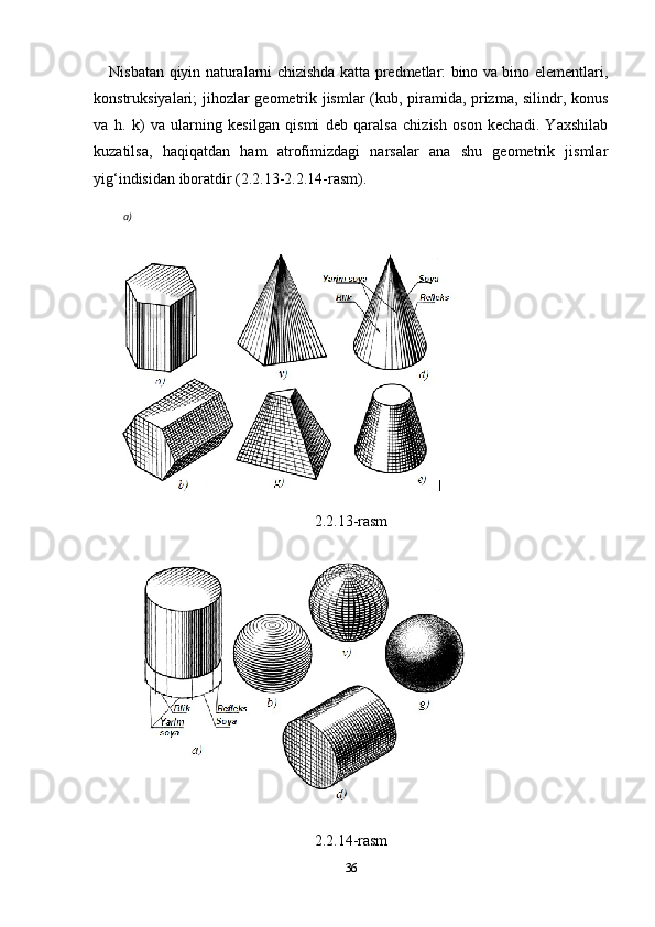 Nisbatan qiyin naturalarni chizishda katta predmetlar: bino va bino elementlari,
konstruksiyalari; jihozlar geometrik jismlar (kub, piramida, prizma, silindr, konus
va   h.   k)   va   ularning   kesilgan   qismi   deb   qaralsa   chizish   oson   kechadi.   Yaxshilab
kuzatilsa,   haqiqatdan   ham   atrofimizdagi   narsalar   ana   shu   geometrik   jismlar
yig‘indisidan iboratdir (2.2.13-2.2.14-rasm).
2.2.13-rasm
2.2.14-rasm
36a) 