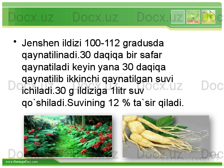 www.themegallery.com •
Jenshen ildizi 100-112 gradusda 
qaynatilinadi.30 daqiqa bir safar 
qaynatiladi keyin yana 30 daqiqa 
qaynatilib ikkinchi qaynatilgan suvi 
ichiladi.30 g ildiziga 1litr suv 
qo`shiladi.Suvining 12 % ta`sir qiladi.     