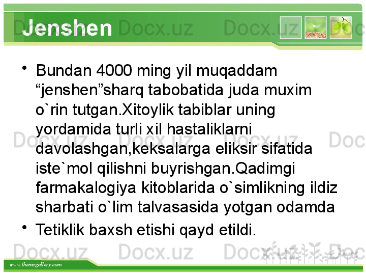 www.themegallery.com Jenshen
•
Bundan 4000 ming yil muqaddam 
“jenshen”sharq tabobatida juda muxim 
o`rin tutgan.Xitoylik tabiblar uning 
yordamida turli xil hastaliklarni 
davolashgan,keksalarga eliksir sifatida 
iste`mol qilishni buyrishgan.Qadimgi 
farmakalogiya kitoblarida o`simlikning ildiz 
sharbati o`lim talvasasida yotgan odamda 
•
Tetiklik baxsh etishi qayd etildi.   