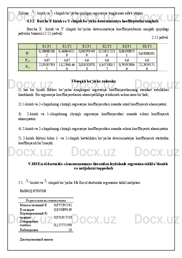 Xulosa:   kirish va  chiqish bo’yicha qurilgan regressiya tenglamasi sifati yuqori.
4.3.2.  Barcha X kirish va Y chiqish bo’yicha determinatsiya koeffisiyentini aniqlash
Barcha   X     kirish   va   Y   chiqish   bo’yicha   determinatsiya   koeffisiyentlarini   aniqlab   quyidagi
jadvalni tuzamiz (2.12-jadval).
2.12-jadval.
X1,Y1 X1,Y2 X2,Y1 X2,Y2 X3,Y1 X3,Y2
R 2 0,58888530
2 0,46864311
9 0,00293549
9 0,21811523
6 0,06190855
1 0,65006331
F
jad 4,67 4,67 4,6 4,6 4,6 4,6
F
taj 22,9185793
5 13,2296146
6 0,03532970
3 3,34753015
7 0,79192984
6 22,2919171
6
3-bosqich bo’yicha xulosalar
1)   har   bir   kirish   faktori   bo’yicha   aniqlangan   regressiya   koeffisiyentlarining   standart   xatoliklari
hisoblandi. Bu regressiya koeffisiyentlarini ahamiyatlilkga tekshirish uchun asos bo’ladi;
2) 1-kirish va 2-chiqishning chiziqli regressiya koeffisiyentlari orasida ozod koeffisyenti ahamiyatsiz
3)     2-kirish   va   1-chiqishning   chiziqli   regressiya   koeffisiyentlari   orasida   erksiz   koeffisyenti
ahamiyatsiz
4) 2-kirish va 2-chiqishning chiziqli regressiya koeffisiyentlari orasida erksiz koeffisyenti ahamiyatsiz
5)   2-kirish   faktori   bilan   1-   va   2-chiqish   kattaliklari   bo’yicha   determinatsiya   koeffisiyenti   statistika
koeffisiyenti bo’lmaydi.
V.MS Excel dasturida « Анализданных » ilovasidan foydalanib regression tahlil o’tkazish
va natijalarni taqqoslash  
5.1.  kirish va   chiqish bo’yicha Ms Excel dasturida regression tahlil natijalari. 
ВЫВОД ИТОГОВ
Регрессионная статистика
Множественный R 0,977291742
R-квадрат 0,955099149
Нормированный R-
квадрат 0,951017253
Стандартная 
ошибка 0,127771593
Наблюдения 13
Дисперсионный анализ 