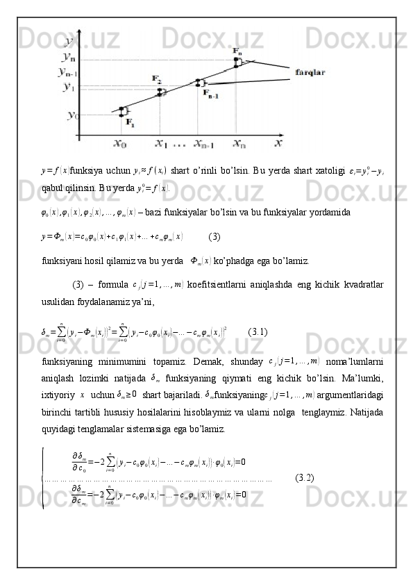 y = f( x	)
funksiya   uchun   y
i ≈ f ( x
i )
  shart   o’rinli   bo’lsin.   Bu   yerda   shart   xatoligi  	εi=	yi0−	yi
qabul qilinsin. Bu yerda 	
yi0=	f(x).	
φ0(x),φ1(x),φ2(x),…	,φm(x)
 – bazi funksiyalar bo’lsin va bu funksiyalar yordamida	
y=Ф	m(x)=	c0φ0(x)+c1φ1(x)+…	+cmφm(x)
           (3)
funksiyani hosil qilamiz va bu yerda   	
Ф	m(x)  ko’phadga ega bo’lamiz. 
              (3)   –   formula   c
j	
( j = 1 , … , m	)
  koefitsientlarni   aniqlashda   eng   kichik   kvadratlar
usulidan foydalanamiz ya’ni,  	
δm=∑i=0
n	
(yi−Ф	m(xi))2=∑i=0
n	
(yi−c0φ0(xi)−…	−	cmφm(xi))2
         (3.1)
funksiyaning   minimumini   topamiz.   Demak,   shunday  	
cj(j=1,…	,m)   noma’lumlarni
aniqlash   lozimki   natijada  	
δm   funksiyaning   qiymati   eng   kichik   bo’lsin.   Ma’lumki,
ixtiyoriy   x
  uchun 	
δm≥0   shart bajariladi. 	δm funksiyaning	cj(j=1,…	,m)  argumentlaridagi
birinchi  tartibli hususiy hosilalarini hisoblaymiz  va ularni nolga   tenglaymiz. Natijada
quyidagi tenglamalar sistemasiga ega bo’lamiz.	
{
∂ δ
m
∂ c
0 = − 2
∑
i = 0n	
(
y
i − c
0 φ
0	( x
i	) − … − c
m φ
m	( x
i	)) ∙ φ
0	( x
i	) = 0
… … … … … … … … … … … … … … … … … … … … … … … … … … … …
∂ δ
m
∂ c
m = − 2
∑
i = 0n	
(
y
i − c
0 φ
0	( x
i	) − … − c
m φ
m	( x
i	)) ∙ φ
m	( x
i	) = 0          (3.2) 