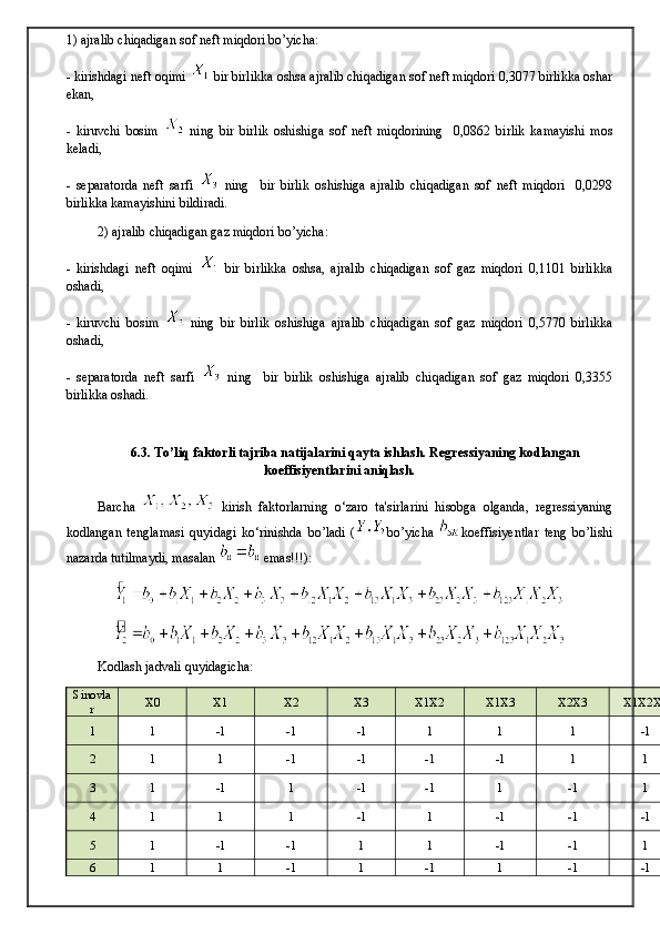 1) ajralib chiqadigan sof neft miqdori bo’yicha:
- kirishdagi neft oqimi   bir birlikka oshsa ajralib chiqadigan sof neft miqdori 0,3077 birlikka oshar
ekan, 
-   kiruvchi   bosim     ning   bir   birlik   oshishiga   sof   neft   miqdorining     0,0862   birlik   kamayishi   mos
keladi, 
-   separatorda   neft   sarfi     ning     bir   birlik   oshishiga   ajralib   chiqadigan   sof   neft   miqdori     0,0298
birlikka kamayishini bildiradi.
2) ajralib chiqadigan gaz miqdori bo’yicha:
-   kirishdagi   neft   oqimi     bir   birlikka   oshsa,   ajralib   chiqadigan   sof   gaz   miqdori   0,1101   birlikka
oshadi, 
-   kiruvchi   bosim     ning   bir   birlik   oshishiga   ajralib   chiqadigan   sof   gaz   miqdori   0,5770   birlikka
oshadi, 
-   separatorda   neft   sarfi     ning     bir   birlik   oshishiga   ajralib   chiqadigan   sof   gaz   miqdori   0,3355
birlikka oshadi.
6.3. To’liq faktorli tajriba natijalarini qayta ishlash. Regressiyaning kodlangan
koeffisiyentlarini aniqlash.
Barcha     kirish   faktorlarning   o‘zaro   ta'sirlarini   hisobga   olganda,   rеgrеssiyaning
kodlangan   tеnglamasi   quyidagi   ko‘rinishda   bo’ladi   ( bo’yicha   koeffisiyentlar   teng   bo’lishi
nazarda tutilmaydi, masalan   emas!!!):
Kodlash jadvali quyidagicha:
Sinovla
r X0 X1 X2 X3 X1X2 X1X3 X2X3 X1X2X3
1 1 -1 -1 -1 1 1 1 -1
2 1 1 -1 -1 -1 -1 1 1
3 1 -1 1 -1 -1 1 -1 1
4 1 1 1 -1 1 -1 -1 -1
5 1 -1 -1 1 1 -1 -1 1
6 1 1 -1 1 -1 1 -1 -1 