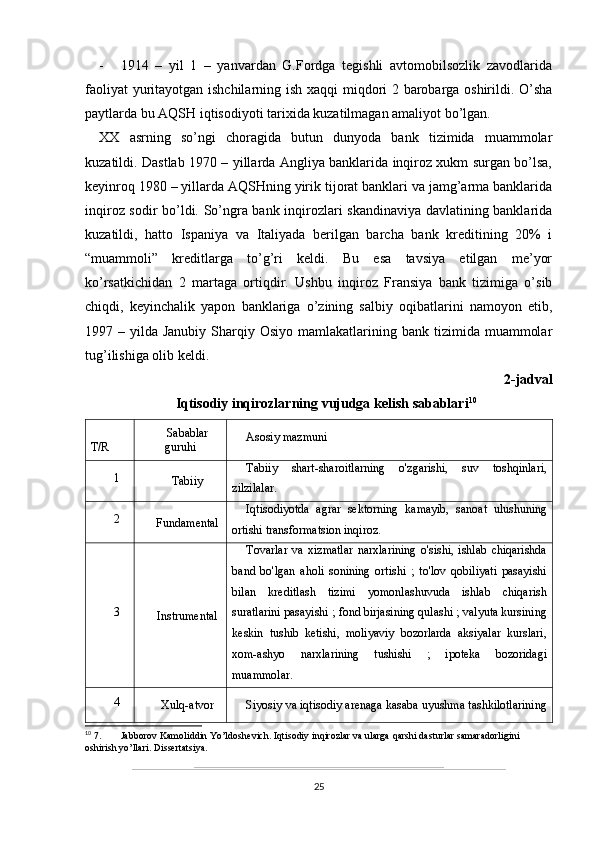 - 1914   –   yil   1   –   yanvardan   G.Fordga   tegishli   avtomobilsozlik   zavodlarida
faoliyat yuritayotgan ishchilarning ish xaqqi miqdori 2 barobarga oshirildi. O’sha
paytlarda bu AQSH iqtisodiyoti tarixida kuzatilmagan amaliyot bo’lgan.
XX   asrning   so’ngi   choragida   butun   dunyoda   bank   tizimida   muammolar
kuzatildi. Dastlab 1970 – yillarda Angliya banklarida inqiroz xukm surgan bo’lsa,
keyinroq 1980 – yillarda AQSHning yirik tijorat banklari va jamg’arma banklarida
inqiroz sodir bo’ldi. So’ngra bank inqirozlari skandinaviya davlatining banklarida
kuzatildi,   hatto   Ispaniya   va   Italiyada   berilgan   barcha   bank   kreditining   20%   i
“muammoli”   kreditlarga   to’g’ri   keldi.   Bu   esa   tavsiya   etilgan   me’yor
ko’rsatkichidan   2   martaga   ortiqdir.   Ushbu   inqiroz   Fransiya   bank   tizimiga   o’sib
chiqdi,   keyinchalik   yapon   banklariga   o’zining   salbiy   oqibatlarini   namoyon   etib,
1997 –  yilda Janubiy  Sharqiy Osiyo  mamlakatlarining  bank tizimida  muammolar
tug’ilishiga olib keldi. 
2-jadval
Iqtisodiy inqirozlarning vujudga kelish sabablari 10
  
T/R Sabablar
guruhi Asosiy mazmuni
1
Tabiiy Tabiiy   shart-sharoitlarning   o'zgarishi,   suv   toshqinlari,
zilzilalar.
2
Fundamental Iqtisodiyotda   agrar   sektorning   kamayib,   sanoat   ulushuning
ortishi transformatsion inqiroz.
3
Instrumental Tovarlar   va   xizmatlar   narxlarining   o'sishi,   ishlab   chiqarishda
band   bo'lgan   aholi   sonining   ortishi   ;   to'lov   qobiliyati   pasayishi
bilan   kreditlash   tizimi   yomonlashuvuda   ishlab   chiqarish
suratlarini pasayishi ; fond birjasining qulashi ; valyuta kursining
keskin   tushib   ketishi,   moliyaviy   bozorlarda   aksiyalar   kurslari,
xom-ashyo   narxlarining   tushishi   ;   ipoteka   bozoridagi
muammolar.
4
Xulq-atvor Siyosiy va iqtisodiy arenaga kasaba uyushma tashkilotlarining
10
 7. Jabborov Kamoliddin Yo’ldoshevich. Iqtisodiy inqirozlar va ularga qarshi dasturlar samaradorligini 
oshirish yo’llari. Dissertatsiya.
25