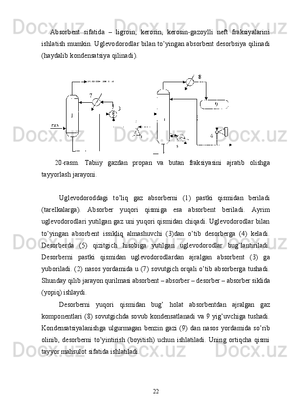 Absorbent   sifatida   –   ligroin,   kerosin,   kerosin-gazoylli   neft   fraksiyalarini
ishlatish mumkin. Uglevodorodlar bilan tо’yingan absorbent desorbsiya qilinadi
(haydalib kondensatsiya qilinadi ).
20 -rasm.   Tabiiy   gazdan   propan   va   butan   fraksiyasini   ajratib   olishga
tayyorlash jarayoni.
Uglevodoroddagi   tо’liq   gaz   absorberni   (1)   pastki   qismidan   beriladi
(tarelkalarga).   Absorber   yuqori   qismiga   esa   absorbent   beriladi.   Ayrim
uglevodorodlari yutilgan gaz uni yuqori qismidan chiqadi. Uglevodorodlar bilan
tо’yingan   absorbent   issikliq   almashuvchi   (3)dan   о’tib   desorberga   (4)   keladi.
Desorberda   (5)   qizitgich   hisobiga   yutilgan   uglevodorodlar   bug’lantiriladi.
Desorberni   pastki   qismidan   uglevodorodlardan   ajralgan   absorbent   (3)   ga
yuboriladi. (2)  nasos  yordamida u (7) sovutgich orqali  о’tib absorberga tushadi.
Shunday qilib  jarayon qurilmasi absorbent – absorber – desorber – absorber siklida
(yopiq) ishlaydi.
Desorberni   yuqori   qismidan   bug’   holat   absorbentdan   ajralgan   gaz
komponentlari   (8)   sovutgichda   sovub   kondensatlanadi   va   9  yig’uvchiga   tushadi.
Kondensatsiyalanishga   ulgurmagan   benzin   gazi   (9)   dan   nasos   yordamida   sо’rib
olinib,   desorberni   tо’yintirish   (boyitish)   uchun   ishlatiladi.   Uning   ortiqcha   qismi
tayyor mahsulot sifatida ishlatiladi.
22 