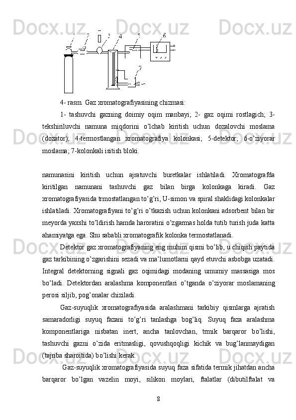 4- rasm. Gaz xromatografiyasining chizmasi:
1-   tashuvchi   gazning   doimiy   oqim   manbayi;   2-   gaz   oqimi   rostlagich;   3-
tekshiriluvchi   namuna   miqdorini   о’lchab   kiritish   uchun   dozalovchi   moslama
(dozator);   4-termostlangan   xromatografiya   kolonkasi;   5-detektor;   6-о’ziyorar
moslama; 7-kolonkali isitish bloki.
namunasini   kiritish   uchun   ajratuvchi   buretkalar   ishlatiladi.   Xromatografda
kiritilgan   namunani   tashuvchi   gaz   bilan   birga   kolonkaga   kiradi.   Gaz
xromatografiyasida trmostatlangan tо’g’ri, U-simon va spiral shaklidagi kolonkalar
ishlatiladi. Xromatografiyani tо’g’ri о’tkazish uchun kolonkani adsorbent bilan bir
meyorda yaxshi tо’ldirish hamda haroratini о’zgarmas holda tutib turish juda katta
ahamiyatga ega. Shu sababli xromatografik kolonka termostatlanadi. 
Detektor gaz xromatografiyaning eng muhim qismi bо’lib, u chiqish paytida
gaz tarkibining о’zgarishini sezadi va ma’lumotlarni qayd etuvchi asbobga uzatadi.
Integral   detektorning   signali   gaz   oqimidagi   modaning   umumiy   massasiga   mos
b о ’ladi.   Detektordan   aralashma   komponentlari   о ’tganda   о ’ziyorar   moslamaning
perosi siljib, pog’onalar chiziladi. 
Gaz-suyuqlik   xromatografiyasida   aralashmani   tarkibiy   qismlarga   ajratish
samaradorligi   suyuq   fazani   t о ’g’ri   tanlashga   bog’liq.   Suyuq   faza   aralashma
komponentlariga   nisbatan   inert,   ancha   tanlovchan,   trmik   barqaror   b о ’lishi,
tashuvchi   gazni   о ’zida   eritmasligi,   qovushqoqligi   kichik   va   bug’lanmaydigan
(tajriba sharoitida) b о ’lishi kerak.
  Gaz-suyuqlik xromatografiyasida suyuq faza sifatida termik jihatdan ancha
barqaror   b о ’lgan   vazelin   moyi,   silikon   moylari,   ftalatlar   (dibutilftalat   va
8 