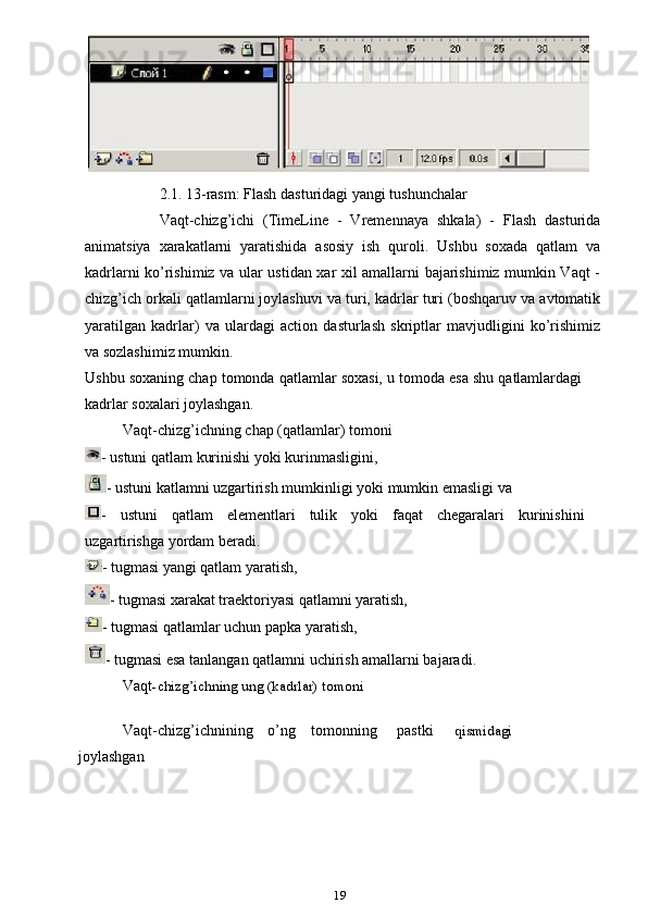 2.1. 13-rasm: Flash dasturidagi yangi tushunchalar
Vaqt-chizg’ichi   (TimeLine   -   Vremennaya   shkala)   -   Flash   dasturida
animatsiya   xarakatlarni   yaratishida   asosiy   ish   quroli.   Ushbu   soxada   qatlam   va
kadrlarni ko’rishimiz va ular ustidan xar xil amallarni bajarishimiz mumkin Vaqt -
chizg’ich orkali qatlamlarni joylashuvi va turi, kadrlar turi (boshqaruv va avtomatik
yaratilgan   kadrlar)   va   ulardagi   action   dasturlash   skriptlar   mavjudligini   ko’rishimiz
va sozlashimiz mumkin.
Ushbu soxaning chap tomonda qatlamlar soxasi, u tomoda esa shu qatlamlardagi
kadrlar soxalari joylashgan.
Vaqt-chizg’ichning chap (qatlamlar) tomoni
- ustuni qatlam kurinishi yoki kurinmasligini,
- ustuni katlamni uzgartirish mumkinligi yoki mumkin emasligi va
-   ustuni   qatlam   elementlari   tulik   yoki   faqat   chegaralari   kurinishini
uzgartirishga yordam beradi.
- tugmasi yangi qatlam yaratish,
- tugmasi xarakat traektoriyasi qatlamni yaratish,
- tugmasi qatlamlar uchun papka yaratish,
- tugmasi esa tanlangan qatlamni uchirish amallarni bajaradi.
Vaqt -chizg’ichning ung (kadrlar) tomoni
Vaqt-chizg’ichnining o’ng tomonning pastki qismidagi
joylashgan
19 