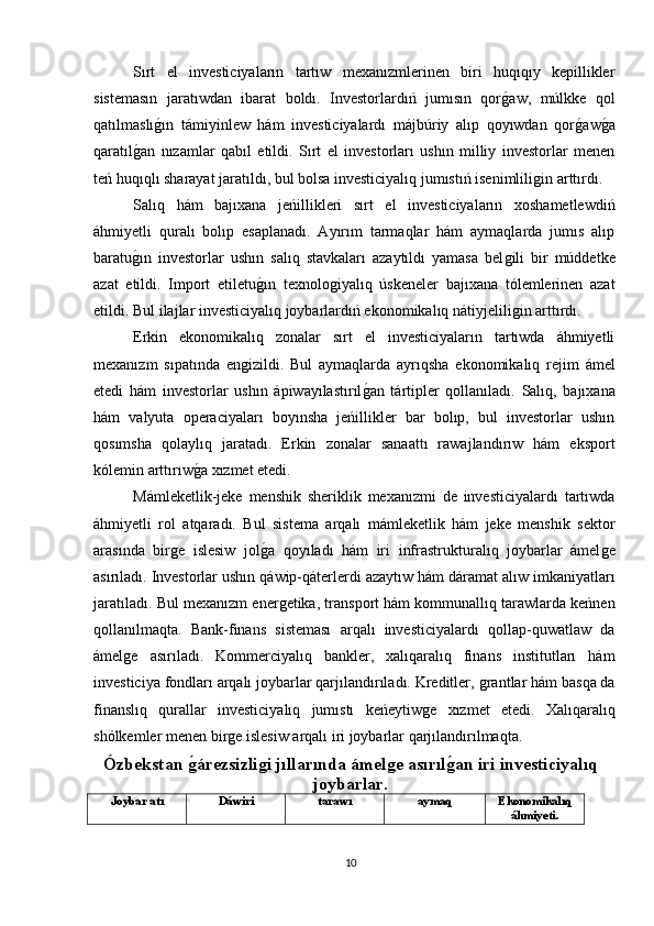 Sırt   el   investiciyaların   tartıw   mexanızmlerinen   biri   huqıqıy   kepillikler
sistemasın   jaratıwdan   ibarat   boldı.   Investorlardıń   jumısın   qorǵaw,   múlkke   qol
qatılmaslı	
ǵın   támiyinlew   hám   investiciyalardı   májbúriy   alıp   qoyıwdan   qor	ǵaw	ǵa
qaratıl	
ǵan   nızamlar   qabıl   etildi.   Sırt   el   investorları   ushın   milliy   investorlar   menen
teń huqıqlı sharayat jaratıldı, bul bolsa investiciyalıq jumıstıń isenimlili	
ǵin arttırdı.
Salıq   hám   bajıxana   jeńillikleri   sırt   el   investiciyaların   xoshametlewdiń
áhmiyetli   quralı   bolıp   esaplanadı.   Ayırım   tarmaqlar   hám   aymaqlarda   jumıs   alıp
baratu	
ǵın   investorlar   ushın   salıq   stavkaları   azaytıldı   yamasa   bel	ǵili   bir   múddetke
azat   etildi.   Import   etiletu	
ǵın   texnolo	ǵiyalıq   úskeneler   bajıxana   tólemlerinen   azat
etildi. Bul ilajlar investiciyalıq joybarlardıń ekonomikalıq nátiyjelili	
ǵin arttırdı.
Erkin   ekonomikalıq   zonalar   sırt   el   investiciyaların   tartıwda   áhmiyetli
mexanızm   sıpatında   en	
ǵizildi.   Bul   aymaqlarda   ayrıqsha   ekonomikalıq   rejim   ámel
etedi   hám   investorlar   ushın   ápiwayılastırıl	
ǵan   tártipler   qollanıladı.   Salıq,   bajıxana
hám   valyuta   operaciyaları   boyınsha   jeńillikler   bar   bolıp,   bul   investorlar   ushın
qosımsha   qolaylıq   jaratadı.   Erkin   zonalar   sanaattı   rawajlandırıw   hám   eksport
kólemin arttırıw	
ǵa xızmet etedi.
Mámleketlik-jeke   menshik   sheriklik   mexanızmi   de   investiciyalardı   tartıwda
áhmiyetli   rol   atqaradı.   Bul   sistema   arqalı   mámleketlik   hám   jeke   menshik   sektor
arasında   bir	
ǵe   islesiw   jol	ǵa   qoyıladı   hám   iri   infrastrukturalıq   joybarlar   ámel	ǵe
asırıladı. Investorlar ushın qáwip-qáterlerdi azaytıw hám dáramat alıw imkaniyatları
jaratıladı. Bul mexanızm ener	
ǵetika, transport hám kommunallıq tarawlarda keńnen
qollanılmaqta.   Bank-finans   sisteması   arqalı   investiciyalardı   qollap-quwatlaw   da
ámel	
ǵe   asırıladı.   Kommerciyalıq   bankler,   xalıqaralıq   finans   institutları   hám
investiciya fondları arqalı joybarlar qarjılandırıladı. Kreditler, 	
ǵrantlar hám basqa da
finanslıq   qurallar   investiciyalıq   jumıstı   keńeytiw	
ǵe   xızmet   etedi.   Xalıqaralıq
shólkemler menen bir	
ǵe islesiw arqalı iri joybarlar qarjılandırılmaqta.
Ózbekstan 	
ǵ?árezsizli	ǵi jıllarında ámel	ǵe asırıl	ǵ?an iri investiciyalıq
joybarlar.
Joybar atı Dáwiri tarawı aymaq Ekonomikalıq
áhmiyeti.
10 