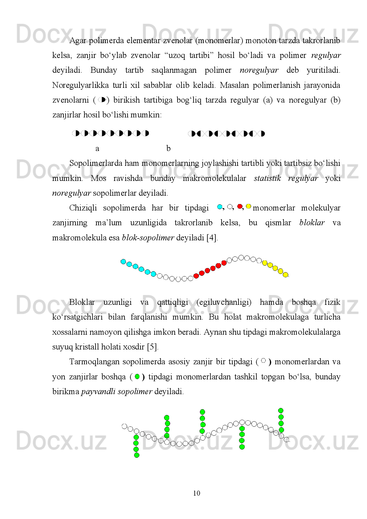 MUNDARIJA
KIRISH …………………………………………………………………………….3
I BOB. ADABIYOTLAR SHARHI
 1.1. Makromolekulalarning hosil bo’lishi ..….……….........……………..........…7
 1.2. Polimerlarning molekulyar massasini aniqlash usullari.............……...….....19
 1.3. Polimerlar eritmalari nazariyasi ………………………………………...…..31
 1.4. Polimerlarni fraksiyalash usullari …...….………………………….............. 38
II BOB. TAJRIBA QISMI
  2.1. Vinilxloridning vinilasetat bilan har xil nisbatda sopolimerlanishi .............. 42
 2.2.  Vinilxloridning vinilasetat   bilan  sopolimerini eruvchanligini aniqlash …....42
 2.3. Sopolimerni bo’kish tezligi va darajasini aniqlash.................................... .. ...43
III BOB. OLINGAN NATIJALAR VA ULARNING TAHLILI
  3.1.   Polimerlarning molekulyar massasini aniqlash da viskozimetriya 
      usuli ni qo’llanishi...........................................................................................46
 3.2. Ba’zi polimerlarning   molekulyar massasini  viskozimetriya 
        usuli da   aniqlash …………………............................................................. .... ..48
 3.3. Poli-N-vinil kaprolaktamning.  molekulyar massasini  viskozimetrik 
      usul da   aniqlash ......................................................................................... .... ... 49
 3.4. Izopropil spirti muhitida olingan poli-N-vinil kaprolaktamni 
     molekulyar massasini viskozimetrik  usul da  aniqlash  ……………….……..51
3.5.  Vinilxloridning vinilasetat bilan  sopolimeri eritmasining qovushqoqli-
    gini aniqlash...................................................................................................52
 3.6. Mark-Kun-Xaunk tenglamasidan foydalanib, sopolimerning molekul-
     yar massasini hisoblash..................................................................................55
XULOSA .................... ............................................................................................57
FOYDALANILGAN ADABIYOTLAR ..............................................................58
2 