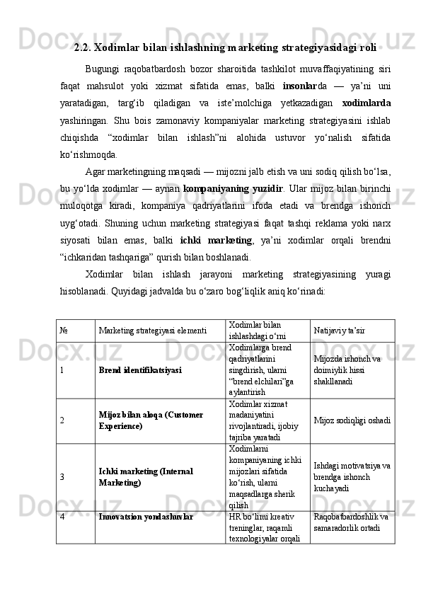 2.2. Xodimlar bilan ishlashning marketing strategiyasidagi roli
Bugungi   raqobatbardosh   bozor   sharoitida   tashkilot   muvaffaqiyatining   siri
faqat   mahsulot   yoki   xizmat   sifatida   emas,   balki   insonlar da   —   ya’ni   uni
yaratadigan,   targ‘ib   qiladigan   va   iste’molchiga   yetkazadigan   xodimlarda
yashiringan.   Shu   bois   zamonaviy   kompaniyalar   marketing   strategiyasini   ishlab
chiqishda   “xodimlar   bilan   ishlash”ni   alohida   ustuvor   yo‘nalish   sifatida
ko‘rishmoqda.
Agar marketingning maqsadi — mijozni jalb etish va uni sodiq qilish bo‘lsa,
bu   yo‘lda   xodimlar   —   aynan   kompaniyaning   yuzidir .   Ular   mijoz   bilan   birinchi
muloqotga   kiradi,   kompaniya   qadriyatlarini   ifoda   etadi   va   brendga   ishonch
uyg‘otadi.   Shuning   uchun   marketing   strategiyasi   faqat   tashqi   reklama   yoki   narx
siyosati   bilan   emas,   balki   ichki   marketing ,   ya’ni   xodimlar   orqali   brendni
“ichkaridan tashqariga” qurish bilan boshlanadi.
Xodimlar   bilan   ishlash   jarayoni   marketing   strategiyasining   yuragi
hisoblanadi. Quyidagi jadvalda bu o‘zaro bog‘liqlik aniq ko‘rinadi:
№ Marketing strategiyasi elementi Xodimlar bilan 
ishlashdagi o‘rni Natijaviy ta’sir
1 Brend identifikatsiyasi Xodimlarga brend 
qadriyatlarini 
singdirish, ularni 
“brend elchilari”ga 
aylantirish Mijozda ishonch va 
doimiylik hissi 
shakllanadi
2 Mijoz bilan aloqa (Customer 
Experience) Xodimlar xizmat 
madaniyatini 
rivojlantiradi, ijobiy 
tajriba yaratadi Mijoz sodiqligi oshadi
3 Ichki marketing (Internal 
Marketing) Xodimlarni 
kompaniyaning ichki 
mijozlari sifatida 
ko‘rish, ularni 
maqsadlarga sherik 
qilish Ishdagi motivatsiya va
brendga ishonch 
kuchayadi
4 Innovatsion yondashuvlar HR bo‘limi kreativ 
treninglar, raqamli 
texnologiyalar orqali  Raqobatbardoshlik va 
samaradorlik ortadi 