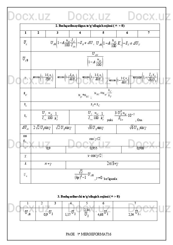 3. Boshqariluvchi to‘g‘rilagich rejimi (α > 0)
1 2 3 4 5 6 7	
U	d0
0,9	U2 1,17	U2 2,34	U	2
4,68	
U2 2,34	U	2λ
PAGE   \* MERGEFORMAT162. Boshqarilmaydigan to‘g‘rilagich rejimi (	
α  = 0)
1 2 3 4 5 6 7	
Ud	U	d0(1−	A	uqt⋅Id	
100	⋅Idn	)−SB⋅e⋅ΔU	v	U	d0(1−	A⋅
uqt	
100	K	з)−	SV⋅e⋅ΔU	V	
U	d0	
U	dH	
(1−	A⋅uqt	
100	)	
γ	arccos	(1−2Idxa	
√2U2)	arccos	(1−	Idxa	
√6U2)	arccos	(1−2Idxa	
√6U2)	arccos	(1−2Idxa	
√6U2)	
arccos	(1−	Idxa	
√6U	2)	
uqt	uqt+uKC
;   	
uKC	=uqt⋅xC
xT	
xa	xT+xC	
xT	
U1
I1n
⋅uqt
100	⋅1
kT2	
U1
I1n
⋅uqt
100	⋅1
kT2
  yoki 	
3⋅U	22⋅uqt	
S1n	
⋅10	−5 , Om	
ΔU	в0	2√2U	2sin	γ	√2U	2sin	γ	√6U	2sin	γ	√6U	2λsin	γ	
cos
ϕ1	cos	(γ/2)	
ν
0,9 0,955 0,988
χ	ν⋅cos	(γ/2)	
λ	π+γ	2π/3+γ	
Un	
√2	
(kp	)2−1
⋅U	d0
,	γ=0  bo‘lganda 