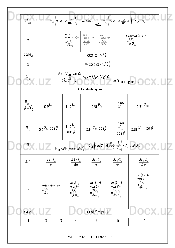 U	dα	Ud0(cos	α−A⋅uqt
100	⋅Id
Idn)−SVeΔU	V yoki 	Ud0(cos	α−A⋅uqt
100	⋅KZ)−SBeΔU	B	
γ	
cos	α−	
−cos	(α+γ)=	
=Idxa	
√6U2	
cos	α−	−cos	(α+γ)=	
=2Idxa	
√6U2	
cosα−	−cos(α+γ)=	
=2Idxa	
√6U2λ	
cos	α−cos	(α+γ)=	
=Idxa	
√6U2λ	
cos	ϕв	cos	(α+	γ/2)	
χ	ν⋅cos	(α+γ/2)	
U	n			2	2	
2
0	)	(	1	
1	)	(	
cos	2	tg	kp	
kp
U	d			

,	γ=0  bo‘lganda
4. Terslash rejimi	
Ui0
 (	
β=0
) 0 , 9	
U2i 1,17	U2i 2,34	U2i 4,68	U2λi
2,34	
U2λi	
Ui0
0 , 9	U2icos	β 1,17	
U2i	
cos	β
2,34	
U2icos	β 4,68	U2λi	
cos	β
2,34	
U2λi	cos	β	
Ui	U	i0+ΔU	γ+S⋅e⋅ΔU	V';	
U	i0(cos	β+A⋅uqt
100	⋅Ii
Iin)+Sn⋅e⋅ΔU	V
'	
ΔU	γ	
2Ii⋅xa	
π	
3Ii⋅xa	
4π	
3Ii⋅xa	
π	
3Ii⋅xa	
π	
3Ii⋅xa	
4π	
γ	
cos	(β−γ)−cos	β=	
=Iixa	
√2U2i	
cos	(β−γ)−	
−cos	β=	
=Iixa	
√6U2i	
cos	(β−γ)−	
−cos	β=	
=2Iixa	
√6U2i	
cos	(β−γ)−	
−cos	β=	
=2Idxa	
√6U2λi	
cos	(β−γ)−	
−cos	β=	
=Idxa	
√6U2λi	
cos	ϕ1	cos	(β−	γ/2)
1 2 3 4 5 6 7
PAGE   \* MERGEFORMAT16 