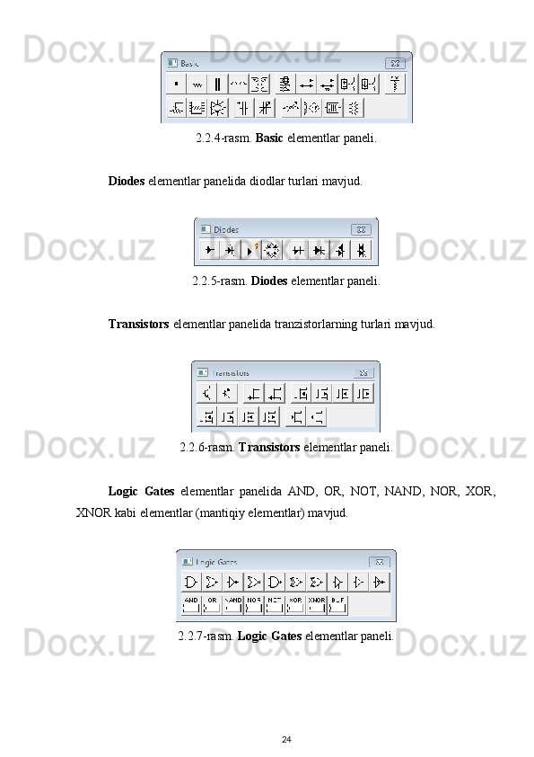 2.2.4-rasm.  Basic  elementlar paneli .
Diodes  elementlar panelida  diodlar turlari  mavjud.
2.2.5-rasm.  Diodes  elementlar paneli.
Transistors  elementlar panelida tranzistorlarning turlari mavjud.
2.2.6-rasm.  Transistors  elementlar paneli.
Logic   Gates   elementlar   panelida   AND,   OR,   NOT,   NAND,   NOR,   XOR,
XNOR kabi elementlar (mantiqiy elementlar) mavjud.
2.2.7-rasm.  Logic Gates  elementlar paneli.
24 