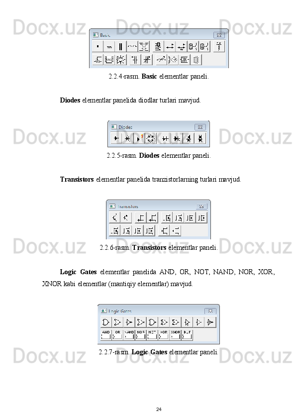 2.2.4-rasm.  Basic  elementlar paneli .
Diodes  elementlar panelida  diodlar turlari  mavjud.
2.2.5-rasm.  Diodes  elementlar paneli.
Transistors  elementlar panelida tranzistorlarning turlari mavjud.
2.2.6-rasm.  Transistors  elementlar paneli.
Logic   Gates   elementlar   panelida   AND,   OR,   NOT,   NAND,   NOR,   XOR,
XNOR kabi elementlar (mantiqiy elementlar) mavjud.
2.2.7-rasm.  Logic Gates  elementlar paneli.
24
