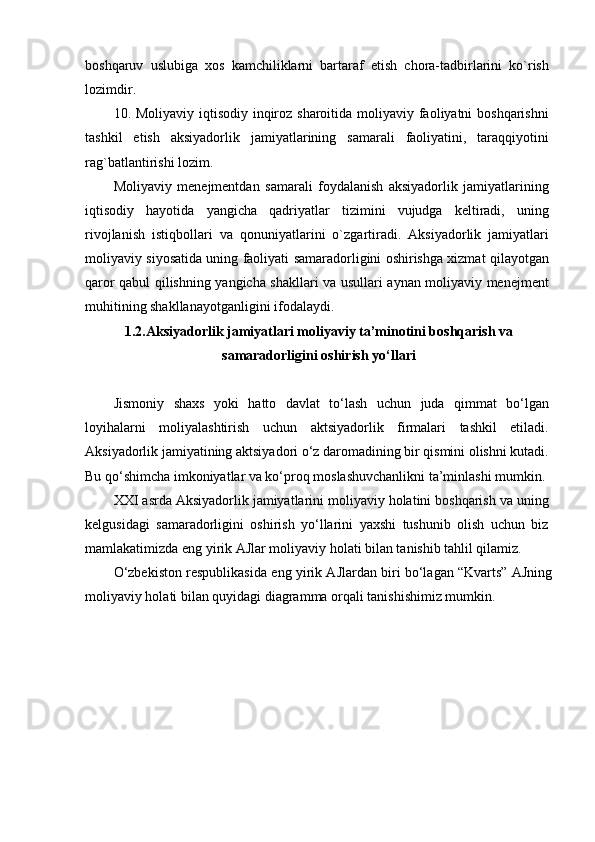 boshqaruv   uslubiga   xos   kamchiliklarni   bartaraf   etish   chora-tadbirlarini   ko`rish
lozimdir.
10. Moliyaviy iqtisodiy inqiroz sharoitida moliyaviy faoliyatni boshqarishni
tashkil   etish   aksiyadorlik   jamiyatlarining   samarali   faoliyatini,   taraqqiyotini
rag`batlantirishi lozim.
Moliyaviy   menejmentdan   samarali   foydalanish   aksiyadorlik   jamiyatlarining
iqtisodiy   hayotida   yangicha   qadriyatlar   tizimini   vujudga   keltiradi,   uning
rivojlanish   istiqbollari   va   qonuniyatlarini   o`zgartiradi.   Aksiyadorlik   jamiyatlari
moliyaviy siyosatida uning faoliyati samaradorligini oshirishga xizmat qilayotgan
qaror qabul qilishning yangicha shakllari va usullari aynan moliyaviy menejment
muhitining shakllanayotganligini ifodalaydi.
1.2.Aksiyadorlik jamiyatlari moliyaviy ta’minotini boshqarish va
samaradorligini oshirish yo‘llari
Jismoniy   shaxs   yoki   hatto   davlat   to‘lash   uchun   juda   qimmat   bo‘lgan
loyihalarni   moliyalashtirish   uchun   aktsiyadorlik   firmalari   tashkil   etiladi.
Aksiyadorlik jamiyatining aktsiyadori o‘z daromadining bir qismini olishni kutadi.
Bu qo‘shimcha imkoniyatlar va ko‘proq moslashuvchanlikni ta’minlashi mumkin.
XXI asrda Aksiyadorlik jamiyatlarini moliyaviy holatini boshqarish va uning
kelgusidagi   samaradorligini   oshirish   yo‘llarini   yaxshi   tushunib   olish   uchun   biz
mamlakatimizda eng yirik AJlar moliyaviy holati bilan tanishib tahlil qilamiz.
O‘zbekiston respublikasida eng yirik AJlardan biri bo‘lagan “Kvarts” AJning
moliyaviy holati bilan quyidagi diagramma orqali tanishishimiz mumkin. 