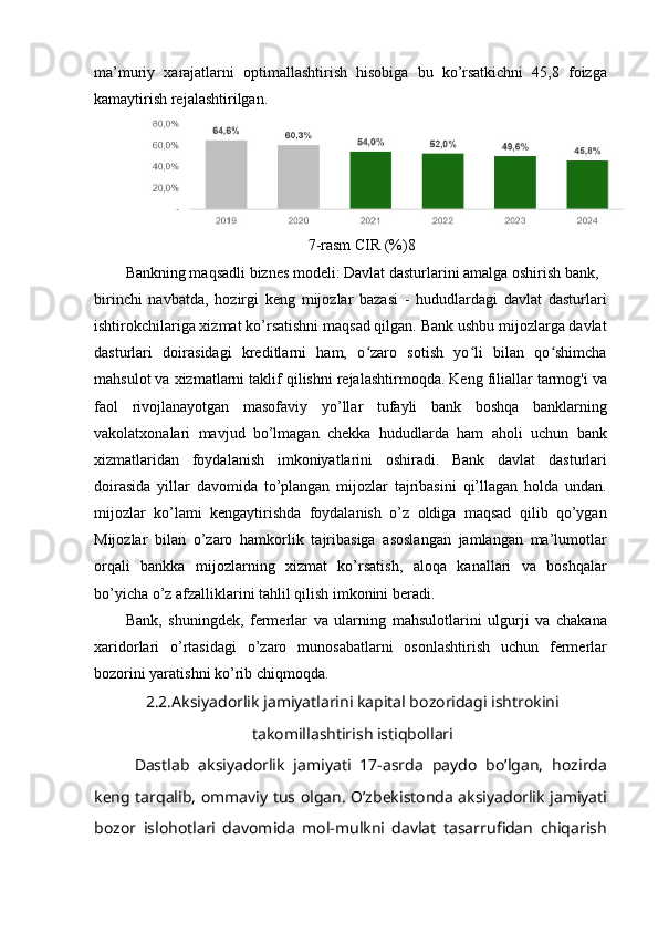 ma’muriy   xarajatlarni   optimallashtirish   hisobiga   bu   ko’rsatkichni   45,8   foizga
kamaytirish rejalashtirilgan.
7-rasm CIR (%) 8
Bankning maqsadli biznes modeli: Davlat dasturlarini amalga oshirish bank,
birinchi   navbatda,   hozirgi   keng   mijozlar   bazasi   -   hududlardagi   davlat   dasturlari
ishtirokchilariga xizmat ko’rsatishni maqsad qilgan. Bank ushbu mijozlarga davlat
dasturlari   doirasidagi   kreditlarni   ham,   o zaro   sotish   yo li   bilan   qo shimchaʻ ʻ ʻ
mahsulot va xizmatlarni taklif qilishni rejalashtirmoqda. Keng filiallar tarmog'i va
faol   rivojlanayotgan   masofaviy   yo’llar   tufayli   bank   boshqa   banklarning
vakolatxonalari   mavjud   bo’lmagan   chekka   hududlarda   ham   aholi   uchun   bank
xizmatlaridan   foydalanish   imkoniyatlarini   oshiradi.   Bank   davlat   dasturlari
doirasida   yillar   davomida   to’plangan   mijozlar   tajribasini   qi’llagan   holda   undan.
mijozlar   ko’lami   kengaytirishda   foydalanish   o’z   oldiga   maqsad   qilib   qo’ygan
Mijozlar   bilan   o’zaro   hamkorlik   tajribasiga   asoslangan   jamlangan   ma’lumotlar
orqali   bankka   mijozlarning   xizmat   ko’rsatish,   aloqa   kanallari   va   boshqalar
bo’yicha o’z afzalliklarini tahlil qilish imkonini beradi.
Bank,   shuningdek,   fermerlar   va   ularning   mahsulotlarini   ulgurji   va   chakana
xaridorlari   o’rtasidagi   o’zaro   munosabatlarni   osonlashtirish   uchun   fermerlar
bozorini yaratishni ko’rib chiqmoqda.
2 .2. Aksiyadorlik jamiyatlarini kapital bozoridagi ishtrokini
takomillashtirish istiqbollari
  Dastlab   aksiyadorlik   jamiyati   17-asrda   paydo   bo’lgan,   hozirda
keng tarqalib, ommaviy tus olgan. O’zbekistonda aksiyadorlik jamiyati
bozor   islohotlari   davomida   mol-mulkni   davlat   tasarrufidan   chiqarish 