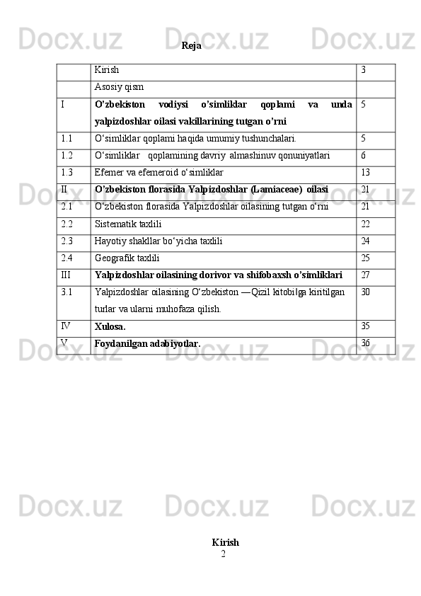 2Reja
Kirish 3
Asosiy   qism
I
O’zbekiston vodiysi o’simliklar qoplami va unda
yalpizdoshlar   oilasi   vakillarining   tutgan   o’rni 5
1.1 O‘simliklar   qoplami   haqida   umumiy   tushunchalari. 5
1.2 O‘simliklar qoplamining   davriy   almashinuv   qonuniyatlari 6
1.3 Efemer   va   efemeroid   o‘simliklar 13
II
O’zbekiston   florasida   Yalpizdoshlar   (Lamiaceae)   oilasi 21
2.1 O‘zbekiston   florasida   Yalpizdoshlar   oilasining   tutgan   o‘rni 21
2.2 Sistematik   taxlili 22
2.3 Hayotiy   shakllar   bo‘yicha   taxlili 24
2.4 Geografik   taxlili 25
III
Yalpizdoshlar   oilasining   dorivor   va   shifobaxsh   o’simliklari 27
3.1 Yalpizdoshlar   oilasining   O‘zbekiston   ―Qizil   kitobi ga‖   kiritilgan
turlar   va   ularni   muhofaza   qilish. 30
IV
Xulosa. 35
V
Foydanilgan   adabiyotlar. 36
Kirish 