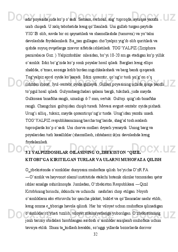 32adir poyasida juda ko‘p o‘sadi. Sernam, serhosil, sog‘ tuproqda, ayniqsa yaxshi 
unib chiqadi. U xalq tabobatida keng qo‘llaniladi. Uni gullab turgan paytida 
YIG‘IB olib, suvda bir oz qaynatiladi va shamollashda (tumovni) va yo‘talni 
davolashda foydalaniladi. Ba‗zan gullagan cho‘lyalpiz yig‘ib olib quritiladi va 
qishda suyuq ovqatlarga ziravor sifatida ishlatiladi. TOG‘YALPIZ (Ziziphora 
pamiralaica   Guz.   )   Yalpizdoshlar   oilasidan,   bo‘yi   10-20   sm   ga   etadigan   ko‘p   yillik
o‘simlik. Ildiz bo‘g‘zida ko‘p sonli poyalar hosil qiladi. Barglari keng ellips 
shaklda, o‘tmas, asosiga kelib birdan ingichkalashadi va barg bandi qisqaradi.
Tog‘yalpiz aprel oyida ko‘karadi. Ildizi qoramtir, qo‘ng‘ir tusli yo‘g‘on o‘q 
ildizdan   iborat.   Iyul-sentabr   oyida   gullaydi.   Gullari   poyasining   uchida   qisqa   bandli
to‘pgul hosil qiladi. Gulyonbargchalari qalami bargli, tukchali, juda mayda.
Gulkosasi binafsha rangli, uzunligi 6-7 mm, sertuk.   Gultoji   qizg‘ish-binafsha 
rangli.   Changchisi   gultojidan   chiqib   turadi.   Mevasi   avgust-sentabr   oyida   pishadi. 
Urug‘i silliq., tuksiz, mayda qoramtirqo‘ng‘ir tusda. Urug‘idan yaxshi unadi.
TOG‘YALPIZ respublikamizning barcha tog‘larida, shag‘al tosh aralash 
tuproqlarda   ko‘p   o‘sadi.   Uni   chorva   mollari   deyarli   yemaydi.   Uning   barg   va 
poyalaridan turli kasalliklar (shamollash, ishtahasiz ik)ni davolashda keng 
foydalaniladi.
3.1   YALPIZDOSHLAR   OILASINING   O„ZBEKISTON   “QIZIL
KITOBI”GA   KIRITILGAN   TURLAR   VA   ULARNI   MUHOFAZA   QILISH
O‗zbekistonda   o‘simliklar   dunyosini   muhofaza   qilish   bo‘yicha   O‘zR   FA
―O‘simlik   va   hayvonot   olami‖   institutida   etakchi   botanik   olimlar   tomonidan   qator 
ishlar amalga oshirilmoqda. Jumladan, O‘zbekiston Respublikasi ―Qizil 
Kitob ining	
‖   birinchi,   ikkinchi   va   uchinchi nashrlari chop etilgan. Noyob
o‘simliklarni aks ettiruvchi bir qancha   plakat,   buklet va qo‘llanmalar nashr etilib, 
keng   omma   e‗tiboriga   havola   qilindi.   Har   bir   viloyat   uchun   muhofaza   qilinadigan 
o‘simliklar ro‘yhati tuzilib, viloyat xokimiyatlariga yuborilgan. O‘zbekistonning 
jonli tarixiy obidalari hisoblangan asrdosh o‘simliklar aniqlanib muhofaza uchun 
tavsiya etildi. Shuni ta‗kidlash kerakki, so‘nggi yillarda bozorlarda dorivor 