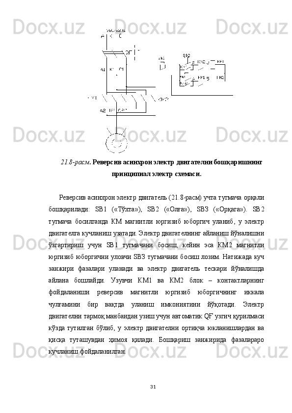 21.8-расм . Реверсив асинхрон электр двигателни бошқаришнинг
п ринципиал электр схемаси.
Реверсив асинхрон электр двигатель (21.8-расм) учта тугмача орқали
бошқарилади:   S В1   («Тўхта»),   S В2   («Олға»),   S ВЗ   («Орқага»).   S В2
тугмача   босилганда   КМ   магнитли   юргизиб   юборгич   уланиб,   у   электр
двигателга кучланиш узатади. Электр двигателнинг айланиш йўналишни
ўзгартириш   учун   S В1   тугмачани   босиш,   кейин   эса   КМ2   магнитли
юргизиб юборгични уловчи   S ВЗ тугмачани босиш лозим. Натижада куч
занжири   фазалари   уланади   ва   электр   двигатель   тескари   йўналишда
айлана   бошлайди.   Узувчи   КМ1   ва   КМ2   блок   –   контактларнинг
фойдаланиши   реверсив   магнитли   юргизиб   юборгичнинг   иккала
чулғамини   бир   вақтда   уланиш   имкониятини   йўқотади.   Электр
двигателни тармоқ манбаидан узиш учун автоматик  Q Ғ узгич қурилмаси
кўзда   тутилган   бўлиб,   у   электр   двигателни   ортиқча   юкланишлардан   ва
қисқа   туташувдан   ҳимоя   қилади.   Бошқариш   занжирида   фазалараро
кучланиш фойдаланилган.
31