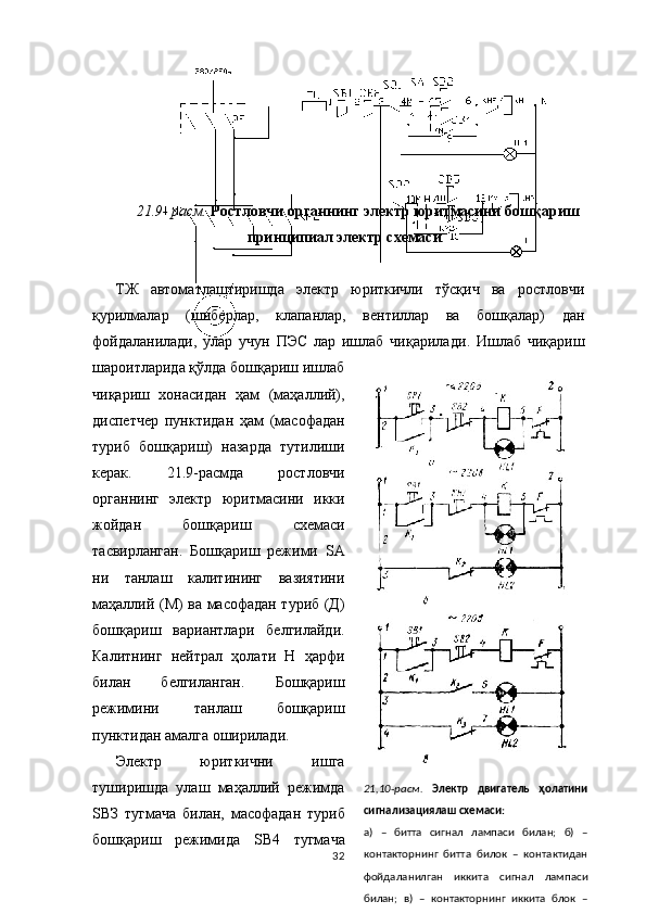 21.9- расм.  Р о стловчи органнинг электр юритмасини бошқариш
принципиал электр схемаси .
ТЖ   автоматлаштиришда   электр   юриткичли   тўсқич   ва   ростловчи
қурилмалар   (ш и берлар,   клапанлар,   вентиллар   ва   бошқалар)   дан
фойдаланилади,   улар   учун   ПЭС   лар   ишлаб   чиқарила ди .   Ишлаб   чиқариш
шароитларида қўлда бошқариш ишлаб
чиқариш   хонасидан   ҳам   (маҳаллий),
диспетчер   пунктидан   ҳам   (масофадан
туриб   бошқариш)   назарда   тутилиши
керак.   21.9-расмда   ростловчи
органнинг   электр   юритмасини   икки
жойдан   бошқариш   схемаси
тасвирланган.   Бошқариш   режими   S А
ни   танлаш   калитининг   вазиятини
маҳаллий (М) ва масофадан туриб (Д)
бошқариш   вариантлари   белгилайди.
Калитнинг   нейтрал   ҳолати   Н   ҳарфи
билан   белгиланган.   Бошқариш
режимини   танлаш   бошқариш
пунктидан амалга оширилади.
Электр   юриткични   ишга
туширишда   улаш   маҳаллий   режимда
S ВЗ   тугмача   билан,   масофадан   туриб
бошқариш   режимида   S В4   тугмача
32 21,10- расм.   Электр   двигатель   ҳолатини
сигнализациялаш схемаси:
а)   –   битта   сигнал   лампаси   билан;   б)   –
контакторнинг   битта   билок   –   контактидан
фойдаланилган   иккита   сигнал   лампаси
билан;   в)   –   контакторнинг   иккита   блок   –
контактидан   фойдаланилган   иккита   сигнал 