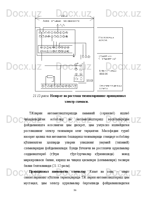 21.12-расм.  Назорат ва ростлаш тизимларининг   принципиал
злектр схемаси.
ТЖларни   автоматлаштиришда   оммавий   (сериялаб)   ишлаб
ч и қариладиган   асбоблар   ва   автоматлаштириш   воситаларидан
фойдаланишга   асосланган   ҳам   дискрет,   ҳам   узлуксиз   ишлайдиган
ростлашнинг   электр   тизимлари   кенг   тарқалган.   Масофадан   туриб
назорат қилиш ёки автоматик бошқариш тизимларида стандарт асбоблар
қўлланилган   ҳолларда   уларни   улашнинг   умумий   (типавий)
сх е маларидан   фойдаланилади.   Бунда   ўлчовчи  ва   ростловчи  қурилмалар
соддалаштириб   (тўғри       тўртбурчаклар   кўринишида)     завод
маркировкаси   билан,   кириш   ва   чиқиш   қисмлари   (клеммалари)   тасвири
билан белгиланади (21.12-расм).
Принципиал   пневматик   схемалар .   Кимё   ва   озиқ   –   овқат
саноатларининг кўпгина тармоқларида ТЖ ларни автоматлаштириш ҳам
мустақил,   ҳам   электр   қурилмалар   биргаликда   фойдаланиладиган
36 