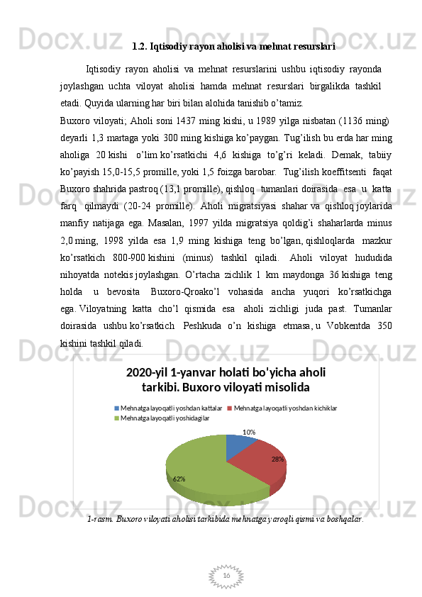 161.2. Iqtisodiy rayon aholisi va mehnat resurslari
Iqtisodiy   rayon   aholisi   va   mehnat   resurslarini   ushbu   iqtisodiy   rayonda
joylashgan   uchta   viloyat   aholisi   hamda   mehnat   resurslari   birgalikda   tashkil
etadi. Quyida ularning har biri bilan alohida tanishib o’tamiz. 
Buxoro viloyati;   Aholi soni  1437 ming kishi, u   1989 yilga nisbatan (1136 ming)  
deyarli 1,3 martaga yoki 300 ming kishiga ko’paygan. Tug’ilish   bu erda   har ming
aholiga   20   kishi     o’lim   ko’rsatkichi   4,6   kishiga   to’g’ri   keladi.   Demak,   tabiiy
ko’payish 15,0-15,5 promille,   yoki 1,5 foizga barobar.    Tug’ilish koeffitsenti    faqat
Buxoro   shahrida   pastroq   (13,1   promille),   qishloq   tumanlari   doirasida   esa   u   katta
farq     qilmaydi   (20-24   promille).   Aholi   migratsiyasi   shahar   va   qishloq   joylarida
manfiy   natijaga   ega.   Masalan,   1997   yilda   migratsiya   qoldig’i   shaharlarda   minus
2,0   ming,   1998   yilda   esa   1,9   ming   kishiga   teng   bo’lgan,   qishloqlarda     mazkur
ko’rsatkich   800-900   kishini   (minus)   tashkil   qiladi.     Aholi   viloyat   hududida
nihoyatda   notekis   joylashgan.   O’rtacha   zichlik   1   km   maydonga   36   kishiga   teng
holda     u   bevosita     Buxoro-Qroako’l   vohasida   ancha   yuqori   ko’rsatkichga
ega.   Viloyatning   katta   cho’l   qismida   esa     aholi   zichligi   juda   past.   Tumanlar
doirasida   ushbu   ko’rsatkich     Peshkuda   o’n   kishiga   etmasa,   u   Vobkentda   350
kishini tashkil qiladi.   
10%
28%
62%2020-yil 1-yanvar holati bo'yicha aholi 
tarkibi. Buxoro viloyati misolida
Mehnatga layoqatli yoshdan kattalar Mehnatga layoqatli yoshdan kichiklar
Mehnatga layoqatli yoshidagilar
1-rasm. Buxoro viloyati aholisi tarkibida mehnatga yaroqli qismi va boshqalar . 
