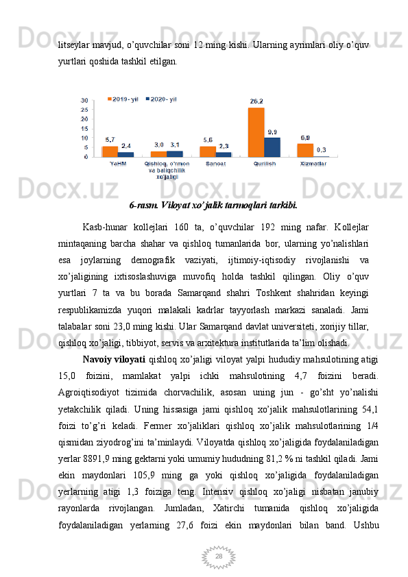 28litseylar mavjud, o’quvchilar soni 12 ming kishi. Ularning ayrimlari oliy o’quv
yurtlari qoshida tashkil etilgan.
6-rasm. Viloyat xo’jalik tarmoqlari tarkibi.
Kasb-hunar   kollejlari   160   ta,   o’quvchilar   192   ming   nafar.   Kollejlar
mintaqaning   barcha   shahar   va   qishloq   tumanlarida   bor,   ularning   yo’nalishlari
esa   joylarning   demografik   vaziyati,   ijtimoiy-iqtisodiy   rivojlanishi   va
xo’jaligining   ixtisoslashuviga   muvofiq   holda   tashkil   qilingan.   Oliy   o’quv
yurtlari   7   ta   va   bu   borada   Samarqand   shahri   Toshkent   shahridan   keyingi
respublikamizda   yuqori   malakali   kadrlar   tayyorlash   markazi   sanaladi.   Jami
talabalar soni 23,0 ming kishi. Ular Samarqand davlat universiteti, xorijiy tillar,
qishloq xo’jaligi, tibbiyot, servis va arxitektura institutlarida ta’lim olishadi.
Navoiy viloyati   qi shloq xo’jaligi  viloyat  yalpi  hududiy mahsulotining  atigi
15,0   foizini,   mamlakat   yalpi   ichki   mahsulotining   4,7   foizini   beradi.
Agroiqtisodiyot   tizimida   chorvachilik,   asosan   uning   jun   -   go’sht   yo’nalishi
yetakchilik   qiladi.   Uning   hissasiga   jami   qishloq   xo’jalik   mahsulotlarining   54,1
foizi   to’g’ri   keladi.   Fermer   xo’jaliklari   qishloq   xo’jalik   mahsulotlarining   1/4
qismidan ziyodrog’ini ta’minlaydi. Viloyatda qishloq xo’jaligida foydalaniladigan
yerlar 8891,9 ming gektarni yoki umumiy hududning 81,2 % ni tashkil qiladi. Jami
ekin   maydonlari   105,9   ming   ga   yoki   qishloq   xo’jaligida   foydalaniladigan
yerlarning   atigi   1,3   foiziga   teng.   Intensiv   qishloq   xo’jaligi   nisbatan   janubiy
rayonlarda   rivojlangan.   Jumladan,   Xatirchi   tumanida   qishloq   xo’jaligida
foydalaniladigan   yerlarning   27,6   foizi   ekin   maydonlari   bilan   band.   Ushbu 