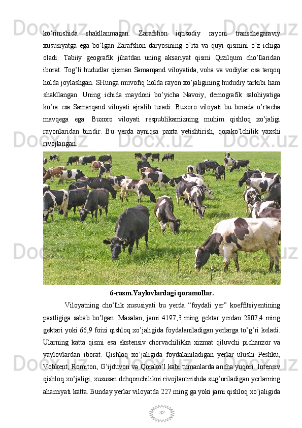 32ko’rinishida   shakllanmagan.   Zarafshon   iqtisodiy   rayoni   transchegaraviy
xususiyatga   ega   bo’lgan   Zarafshon   daryosining   o’rta   va   quyi   qismini   o’z   ichiga
oladi.   Tabiiy   geografik   jihatdan   uning   aksariyat   qismi   Qizilqum   cho’llaridan
iborat. Tog’li hududlar qisman Samarqand viloyatida, voha va vodiylar esa tarqoq
holda joylashgan. SHunga muvofiq holda rayon xo’jaligining hududiy tarkibi ham
shakllangan.   Uning   ichida   maydoni   bo’yicha   Navoiy,   demografik   salohiyatiga
ko’ra   esa   Samarqand   viloyati   ajralib   turadi.   Buxoro   viloyati   bu   borada   o’rtacha
mavqega   ega.   Buxoro   viloyati   respublikamizning   muhim   qishloq   xo’jaligi
rayonlaridan   biridir.   Bu   yerda   ayniqsa   paxta   yetishtirish,   qorako’lchilik   yaxshi
rivojlangan. 
6-rasm.Yaylovlardagi qoramollar.
Viloyatning   cho’llik   xususiyati   bu   yerda   “foydali   yer”   koeffitsiyentining
pastligiga   sabab   bo’lgan.   Masalan,   jami   4197,3   ming   gektar   yerdan   2807,4   ming
gektari yoki 66,9 foizi qishloq xo’jaligida foydalaniladigan yerlarga to’g’ri keladi.
Ularning   katta   qismi   esa   ekstensiv   chorvachilikka   xizmat   qiluvchi   pichanzor   va
yaylovlardan   iborat.   Qishloq   xo’jaligida   foydalaniladigan   yerlar   ulushi   Peshku,
Vobkent, Romiton, G’ijduvon va Qorako’l kabi tumanlarda ancha yuqori. Intensiv
qishloq xo’jaligi, xususan dehqonchilikni rivojlantirishda sug’oriladigan yerlarning
ahamiyati katta. Bunday yerlar viloyatda 227 ming ga yoki jami qishloq xo’jaligida 