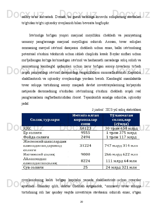 salbiy ta'sir ko'rsatadi. Demak, bu guruh tarkibiga kiruvchi soliqlarning stavkalari
to'g'ridan to'g'ri iqtisodiy rivojlanish bilan bevosita bog'liqdir. 
Iste'molga   bo'lgan   yuqori   marjinal   moyillikni   cheklash   va   jamiyatning
umumiy   jamg'armaga   marjinal   moyilligini   oshirish.   Asosan,   tovar   soliqlari
ommaning   mavjud   iste'mol   darajasini   cheklash   uchun   emas,   balki   iste'molning
potentsial   o'sishini   tekshirish   uchun   ishlab   chiqilishi   kerak.   Boylar   sinflari   uchun
mo'ljallangan ko'zga ko'rinadigan iste'mol va hashamatli narsalarga soliq solish va
jamiyatning   kambag'al   qatlamlari   uchun   zarur   bo'lgan   asosiy   tovarlarni   to'lash
orqali jamiyatdagi iste'mol darajasidagi tengsizliklarni minimallashtirish. Kapitalni
shakllantirish   va   iqtisodiy   rivojlanishga   yordam   berish.   Kambag'al   mamlakatda
tovar   soliqqa   tortishning   asosiy   maqsadi   davlat   investitsiyalarining   ko'payishi
natijasida   daromadning   o'sishidan   iste'molning   o'sishini   cheklash   orqali   real
jamg'armalarni   rag'batlantirishdan   iborat.   Tejamkorlik   amalga   oshirilsa,   iqtisodiy
jadal 
1-jadval.  2023-yil soliq statistikasi 
rivojlanishning   kaliti   bo'lgan   kapitalni   yanada   shakllantirish   uchun   resurslar
ajratiladi.   Shunday   qilib,   doktor   Chelliah   aytganidek,   "ommaviy   tovar   soliqqa
tortishning   roli   har   qanday   vaqtda   investitsiya   stavkasini   oshirish   emas;   o'tgan
20 