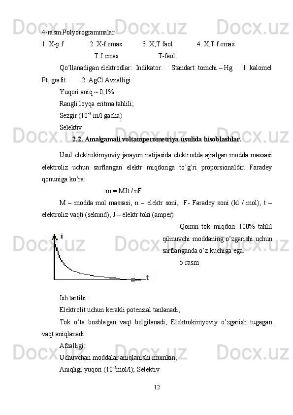 4-rasm.Polyorogrammalar.
1. X-p.f               2. X-f.emas            3. X,T faol              4. X,T f.emas 
T f.emas                       T-faol
Qo’llanadigan elektrodlar:  Indikator:     Standart: tomchi – Hg      1. kalomel
Pt, grafit         2. AgCl Avzalligi:  
Yuqori aniq ~ 0,1% 
Rangli loyqa eritma tahlili; 
Sezgir (10 -6
 m/l gacha) 
Selektiv 
2.2. Amalgamali voltamperometriya usulida hisoblashlar.
Usul elektrokimyoviy jarayon natijasida elektrodda ajralgan modda massasi
elektroliz   uchun   sarflangan   elektr   miqdoriga   to’g’ri   proporsionaldir.   Faradey
qonuniga ko’ra: 
                           m = MJt / nF  
M   –   modda   mol   massasi,   n   –   elektr   soni,     F-   Faradey   soni   (kl   /   mol),   t   –
elektroliz vaqti (sekund), J – elektr toki (amper)  
Qonun   tok   miqdori   100%   tahlil
qilinuvchi moddaning o’zgarishi uchun
sarflanganda o’z kuchiga ega.  
5-rasm
Ish tartibi:
Elektrolit uchun kerakli potensial tanlanadi; 
Tok   o‘ta   boshlagan   vaqt   belgilanadi;   Elektrokimyoviy   o’zgarish   tugagan
vaqt aniqlanadi. 
Afzalligi: 
Uchuvchan moddalar aniqlanishi mumkin; 
Aniqligi yuqori (10 -5
mol/l); Selektiv    
12 