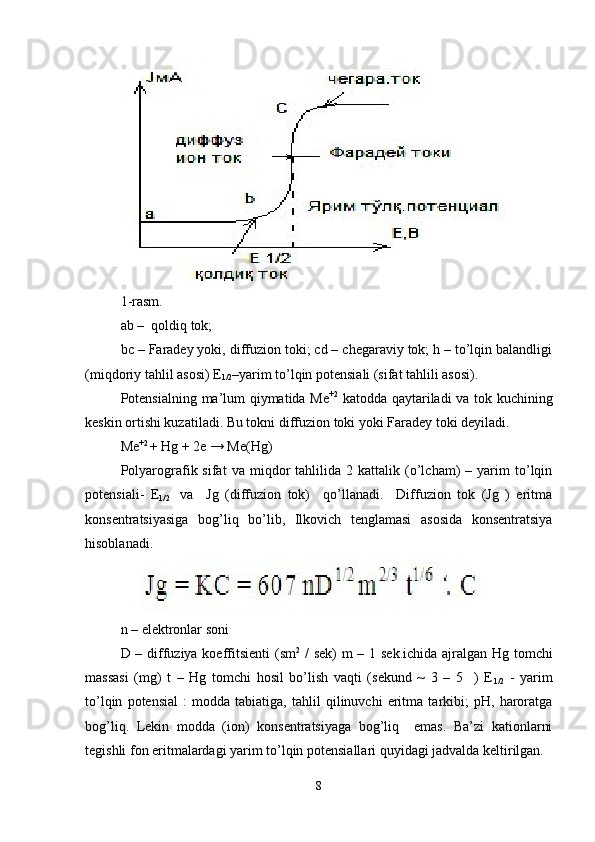 1-rasm.
ab –  qoldiq tok; 
bc – Faradey yoki, diffuzion toki; cd – chegaraviy tok; h – to’lqin balandligi
(miqdoriy tahlil asosi) E
1/2 –yarim to’lqin potensiali (sifat tahlili asosi). 
Potensialning ma’lum qiymatida Me +2
  katodda qaytariladi va tok kuchining
keskin ortishi kuzatiladi. Bu tokni diffuzion toki yoki Faradey toki deyiladi.        
Me +2 
+ Hg + 2e → Me(Hg) 
Polyarografik  sifat   va  miqdor   tahlilida   2  kattalik   (o’lcham)   –   yarim   to’lqin
potensiali-   E
1/2     va     Jg   (diffuzion   tok)     qo’llanadi.     Diffuzion   tok   (Jg   )   eritma
konsentratsiyasiga   bog’liq   bo’lib,   Ilkovich   tenglamasi   asosida   konsentratsiya
hisoblanadi. 
n – elektronlar soni 
D – diffuziya koeffitsienti  (sm 2
  / sek) m – 1 sek.ichida ajralgan Hg tomchi
massasi   (mg)   t   –   Hg   tomchi   hosil   bo’lish   vaqti   (sekund   ~   3   –   5     )   E
1/2   -   yarim
to’lqin   potensial   :   modda   tabiatiga,   tahlil   qilinuvchi   eritma   tarkibi;   pH,   haroratga
bog’liq.   Lekin   modda   (ion)   konsentratsiyaga   bog’liq     emas.   Ba’zi   kationlarni
tegishli fon eritmalardagi yarim to’lqin potensiallari quyidagi jadvalda keltirilgan.
8